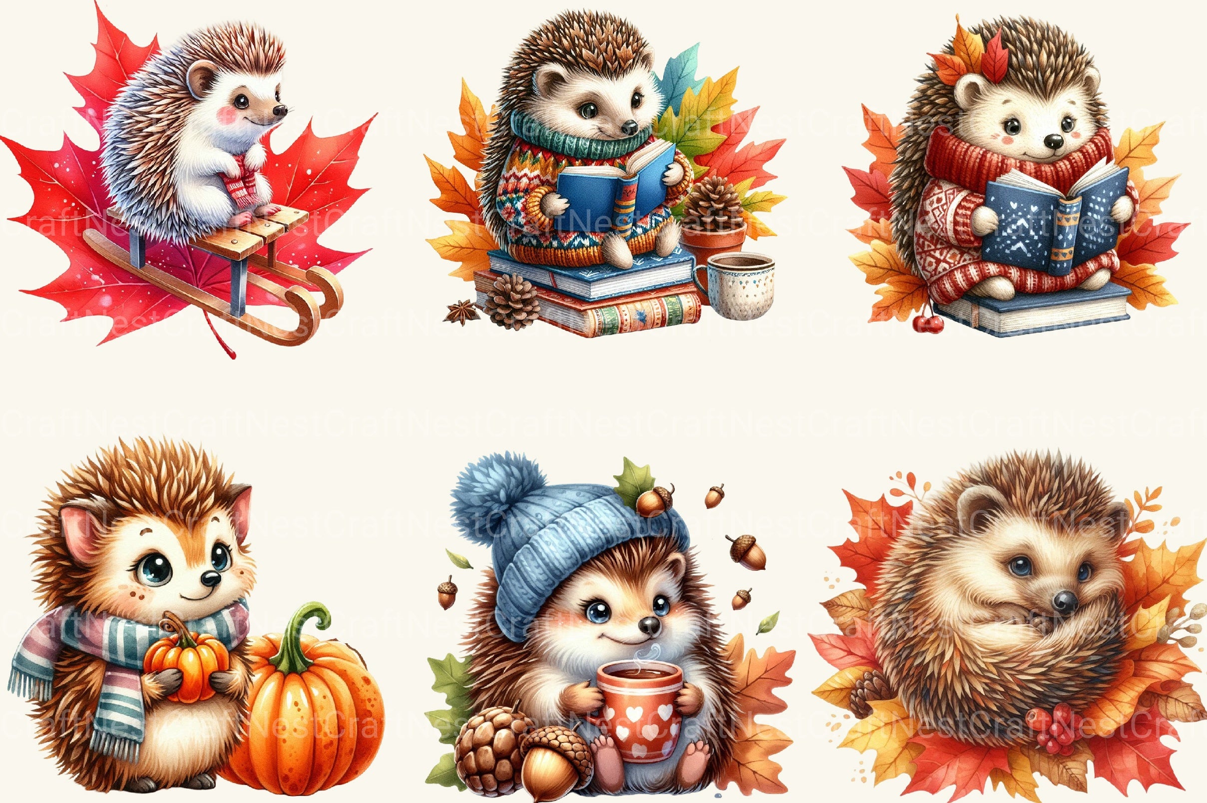 Cute Cartoon Autumn Hedgehogs Clipart Bundle - CraftNest - Digital Crafting and Art