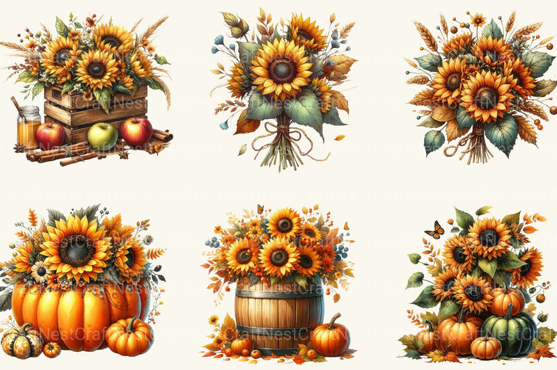 Vintage Sunflowers Autumn Clipart Bundle 2 - CraftNest - Digital Crafting and Art