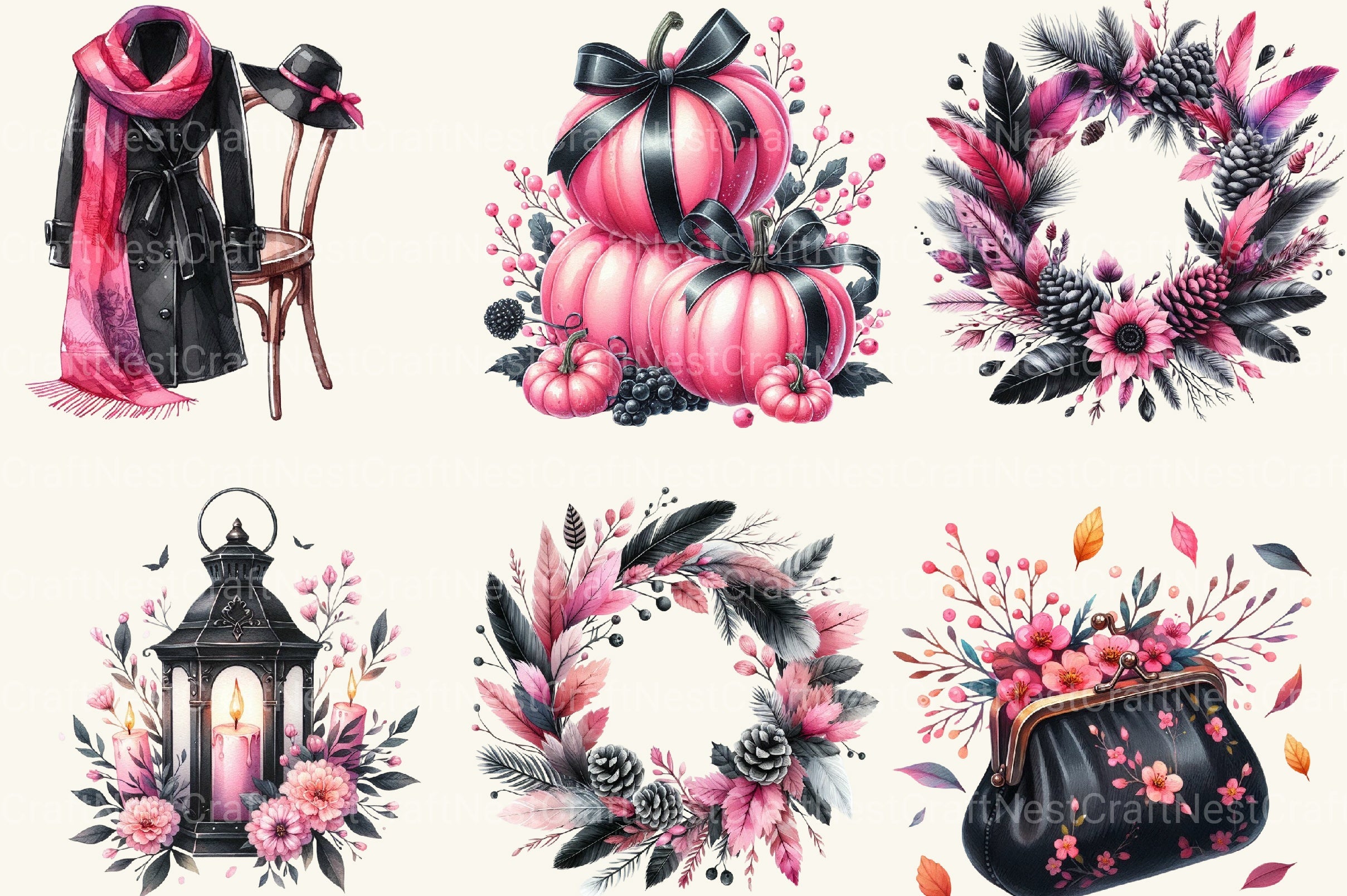 Pink And Black Autumn Clipart Bundle 1 - CraftNest - Digital Crafting and Art