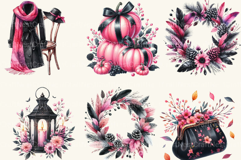 Pink And Black Autumn Clipart Bundle 1 - CraftNest - Digital Crafting and Art