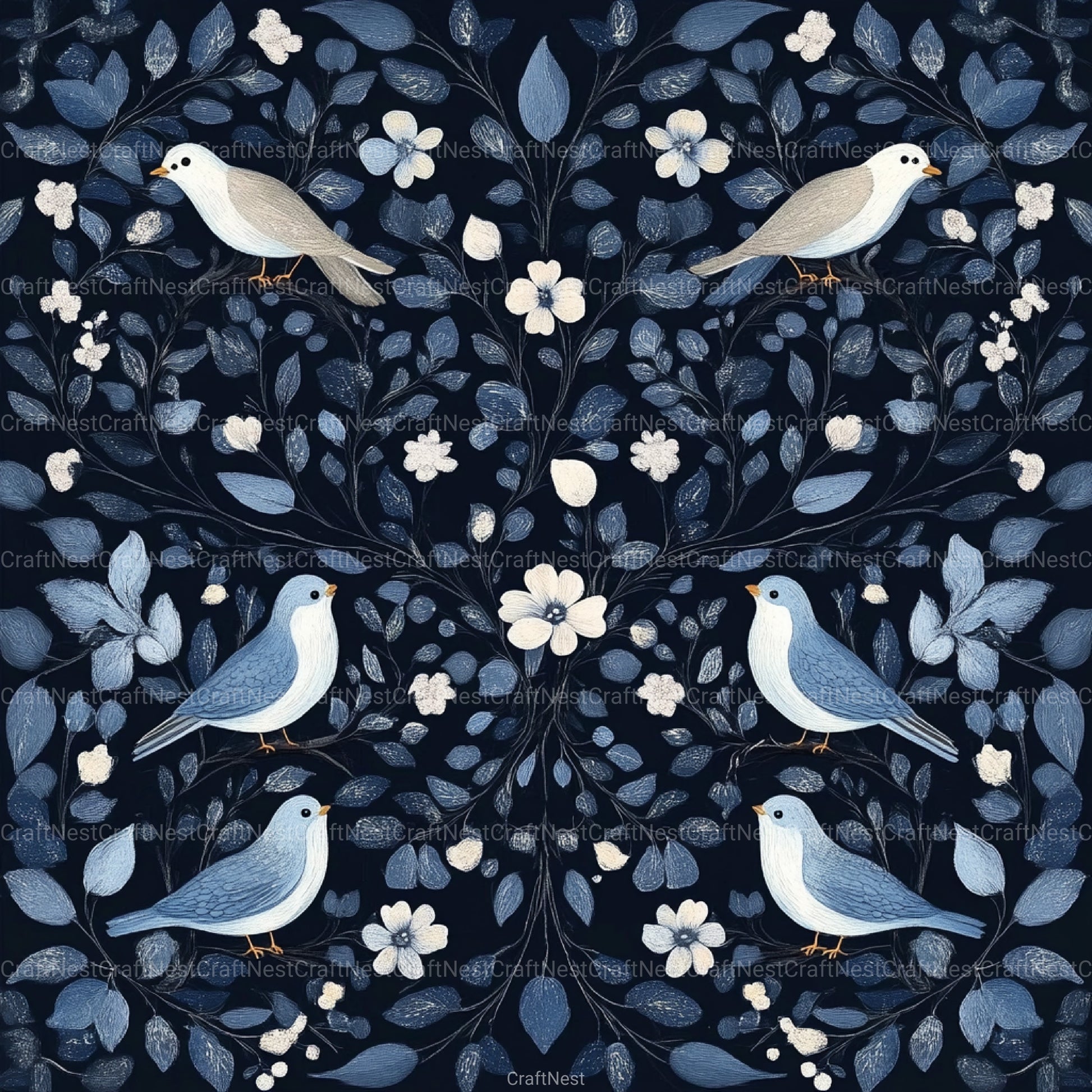 Blue Birds & Flowers Chinoiserie Pattern Clipart Bundle - CraftNest - Digital Crafting and Art