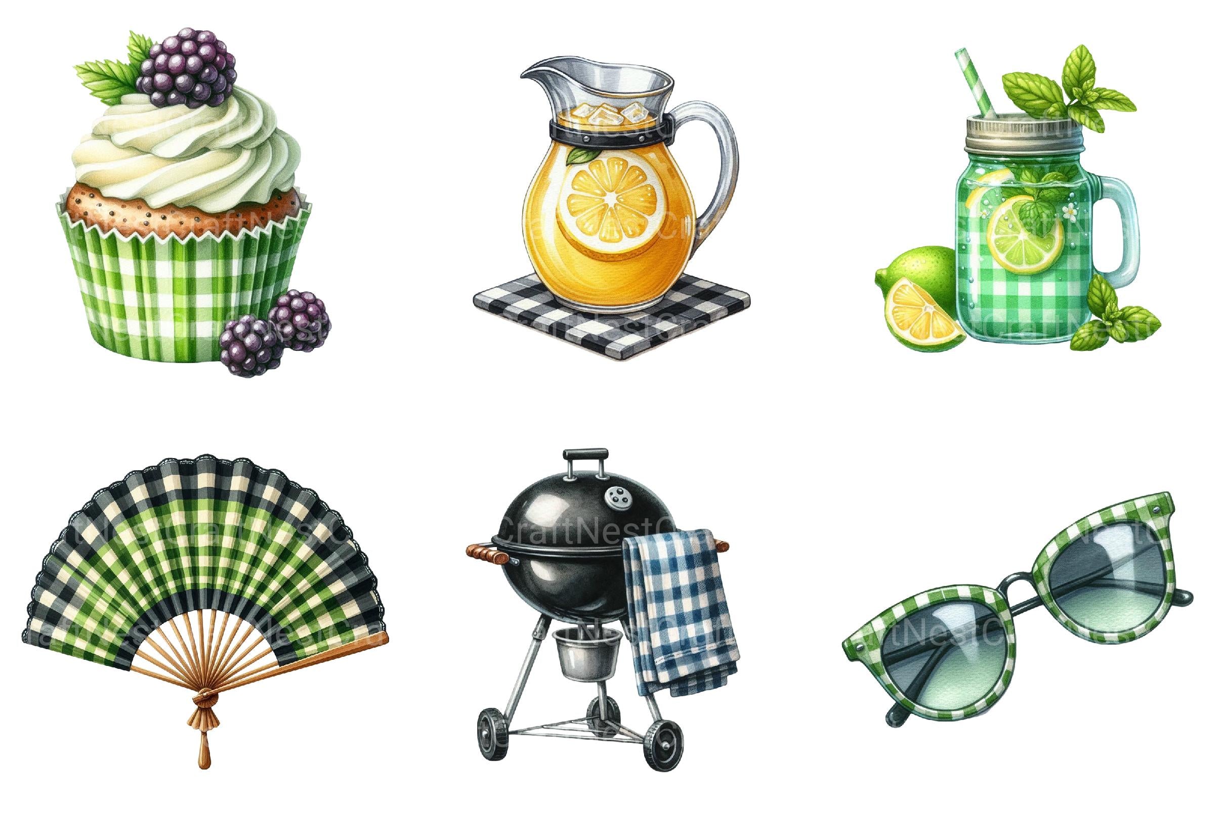 Black and Green Gingham Summer Clipart - CraftNest - Digital Crafting and Art