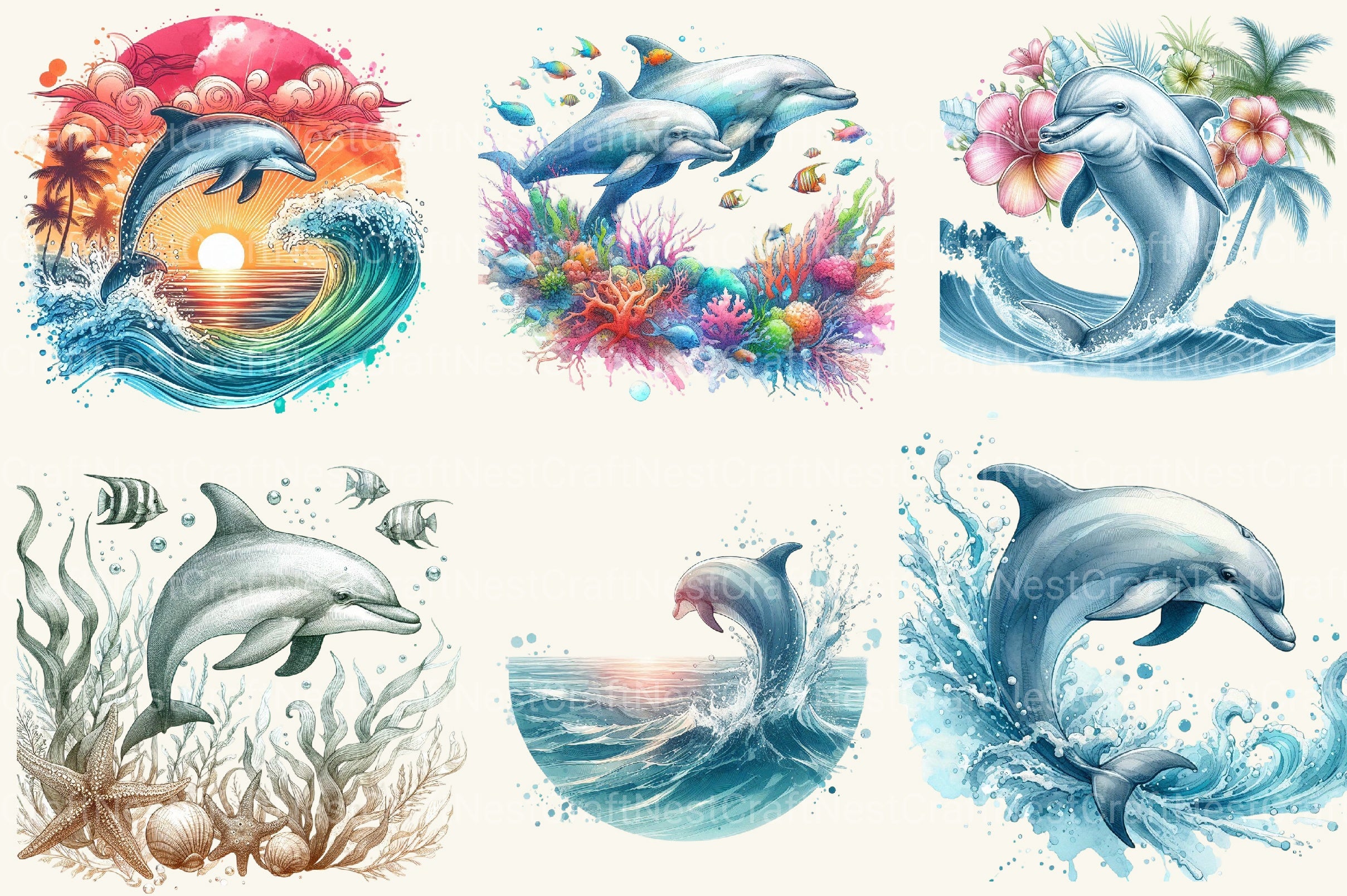 Tropical Dolphins Clipart Bundle - CraftNest - Digital Crafting and Art