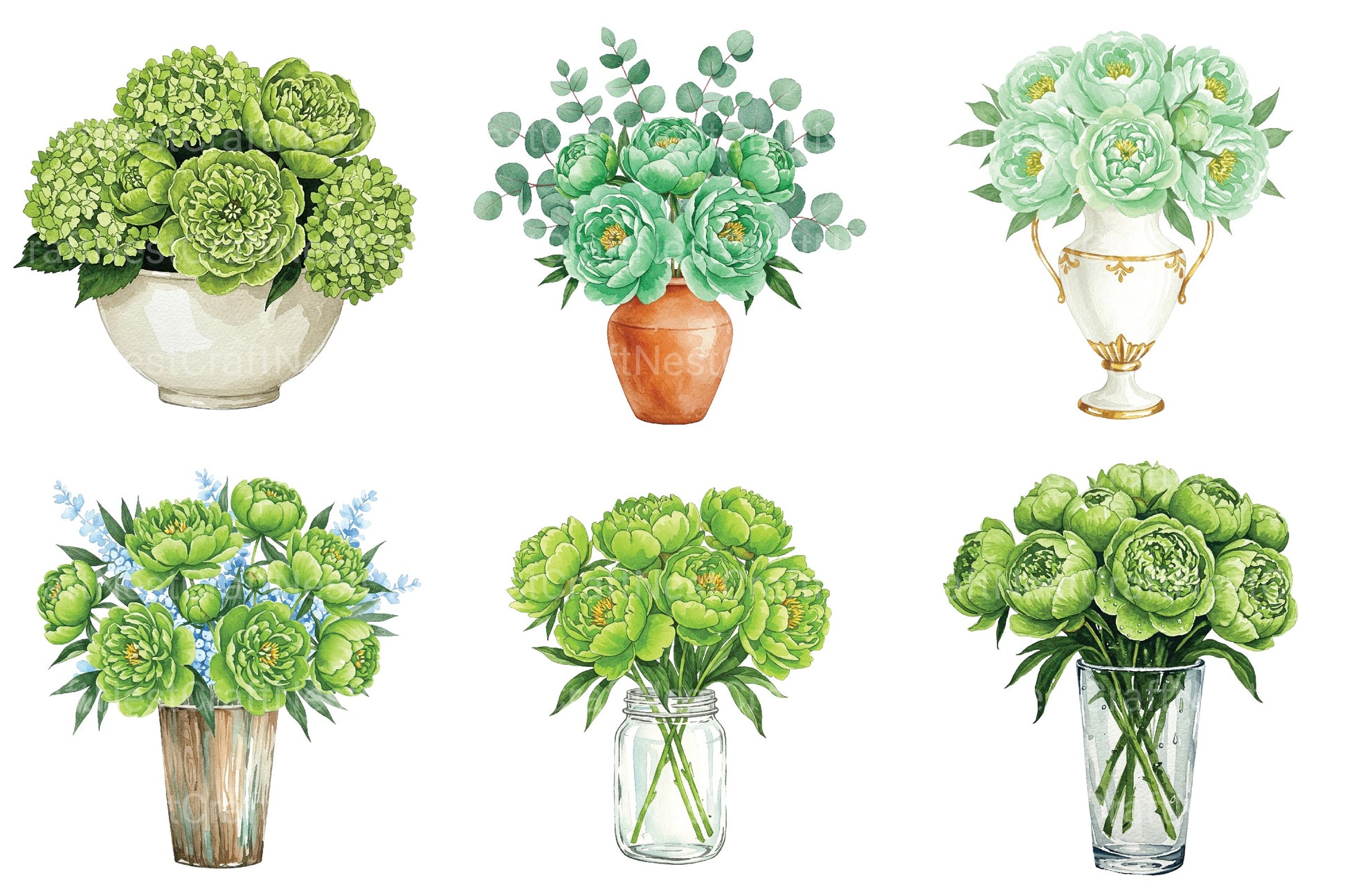 Green Peony Bouquet In Vase Clipart Bundle - CraftNest - Digital Crafting and Art