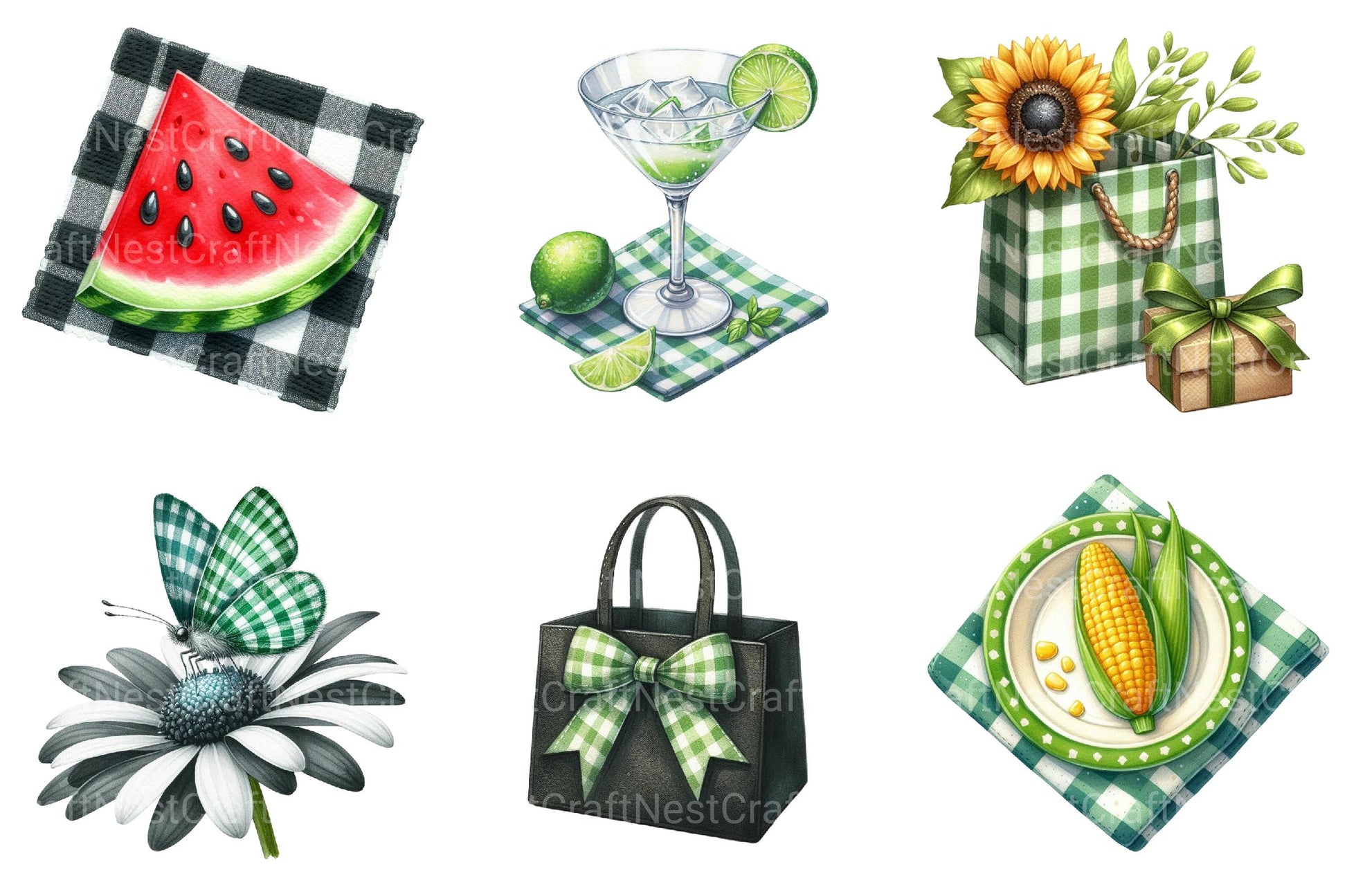 Black and Green Gingham Summer Clipart - CraftNest - Digital Crafting and Art