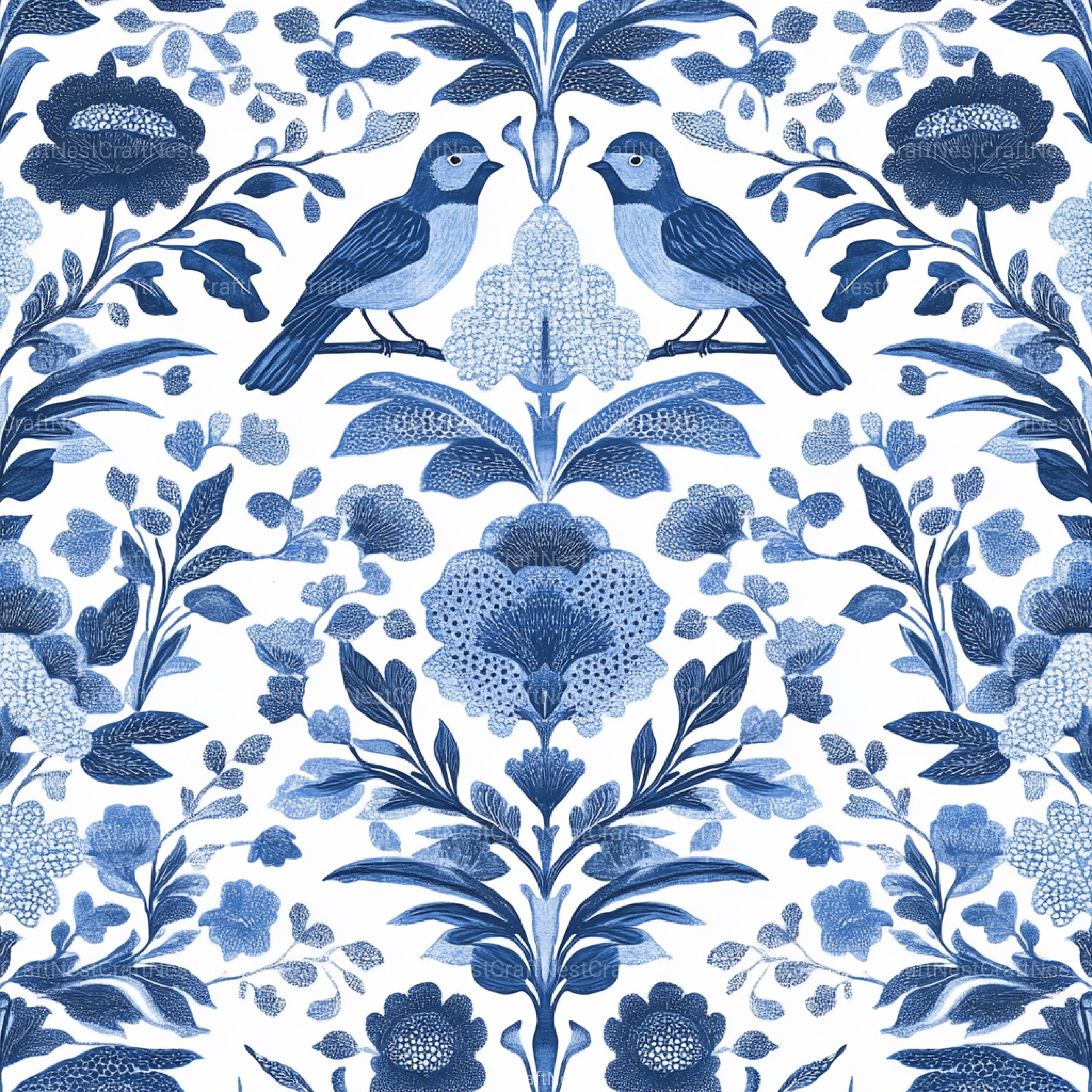 Blue Birds & Flowers Chinoiserie Pattern Clipart Bundle - CraftNest - Digital Crafting and Art