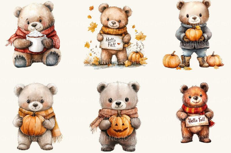 Cute Cartoon Autumn Bears Clipart Bundle - CraftNest - Digital Crafting and Art