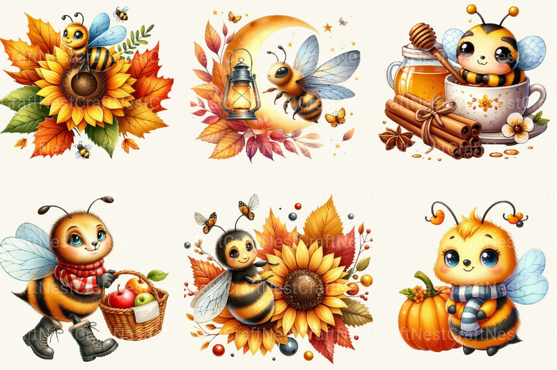 Cute Cartoon Autumn Bees Clipart Bundle - CraftNest - Digital Crafting and Art
