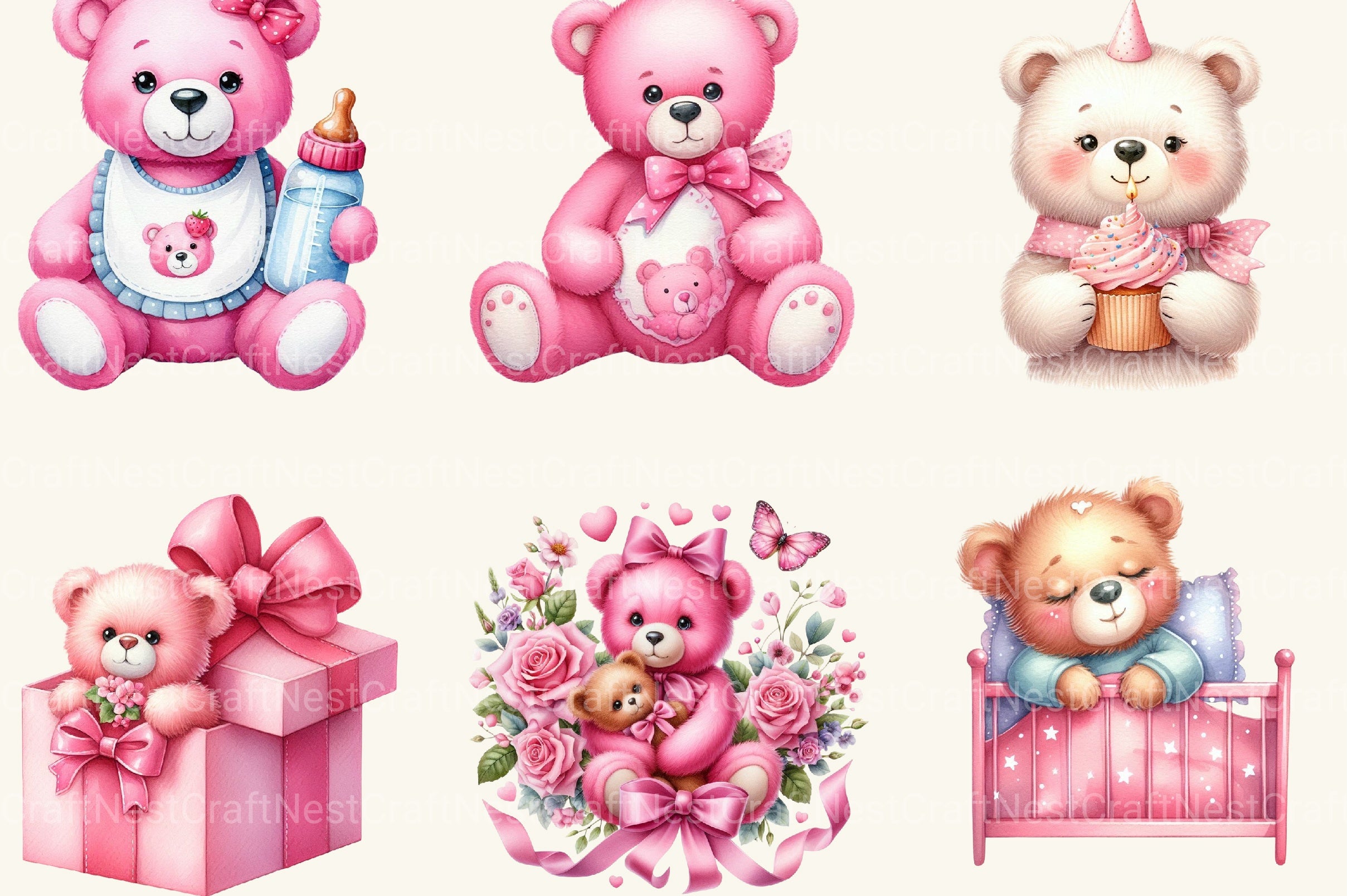 Pink Cute Blush Teddy Bear Clipart Bundle 2 - CraftNest - Digital Crafting and Art