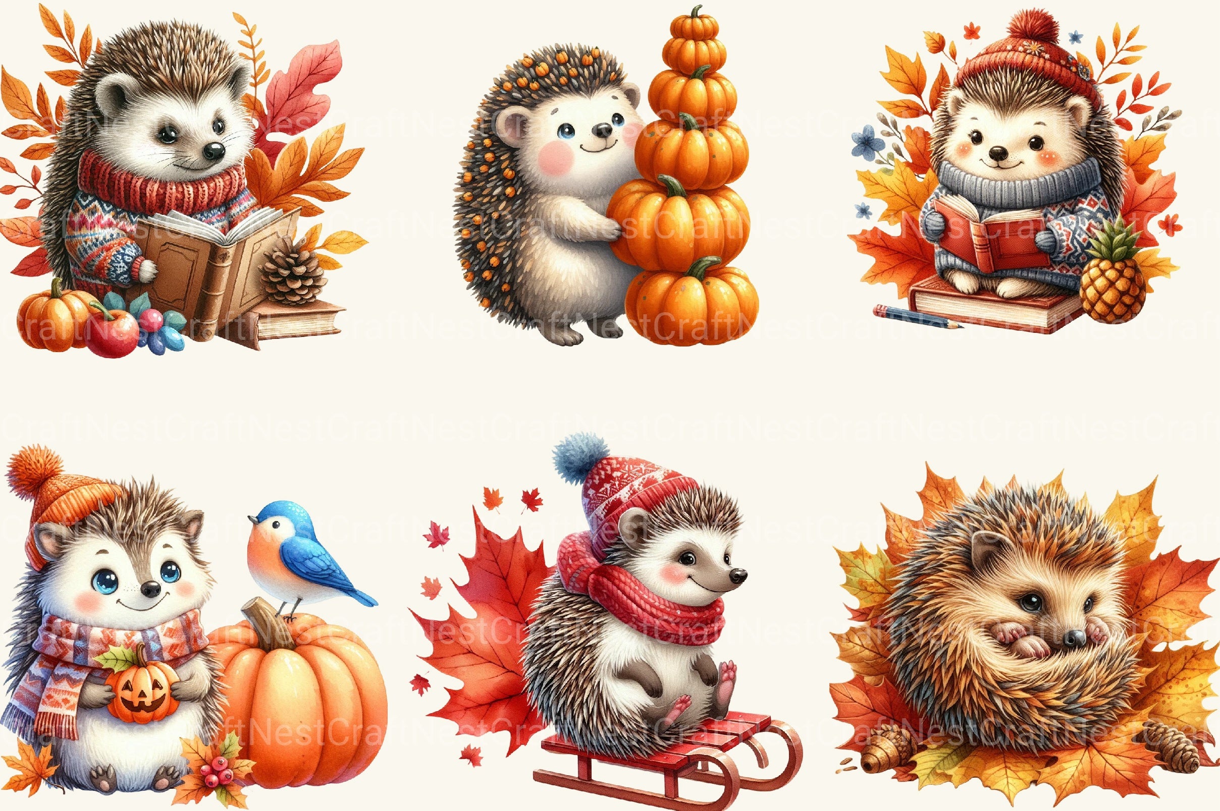 Cute Cartoon Autumn Hedgehogs Clipart Bundle - CraftNest - Digital Crafting and Art