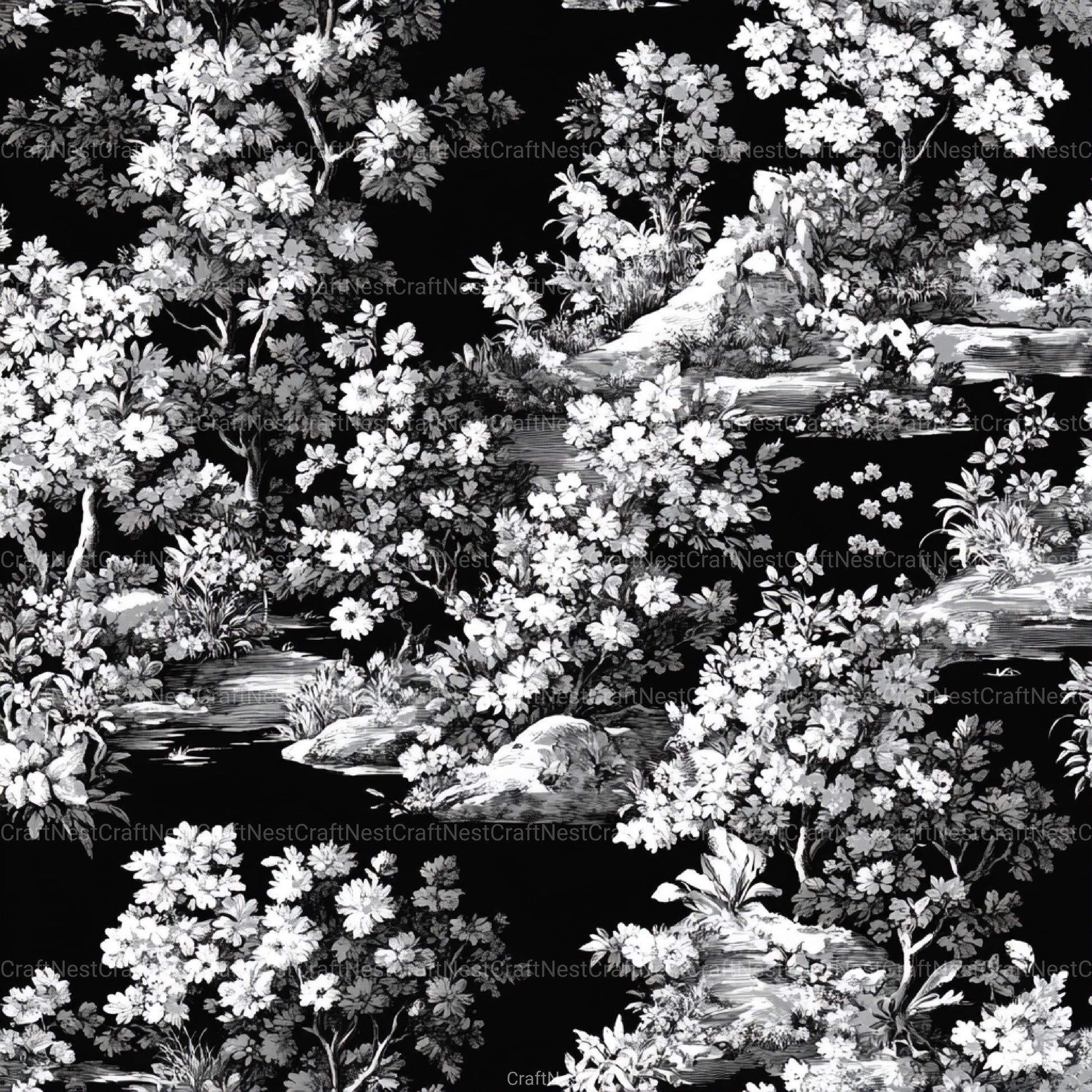 Black White Spring Toile De Jouy Pattern Clipart Bundle - CraftNest - Digital Crafting and Art