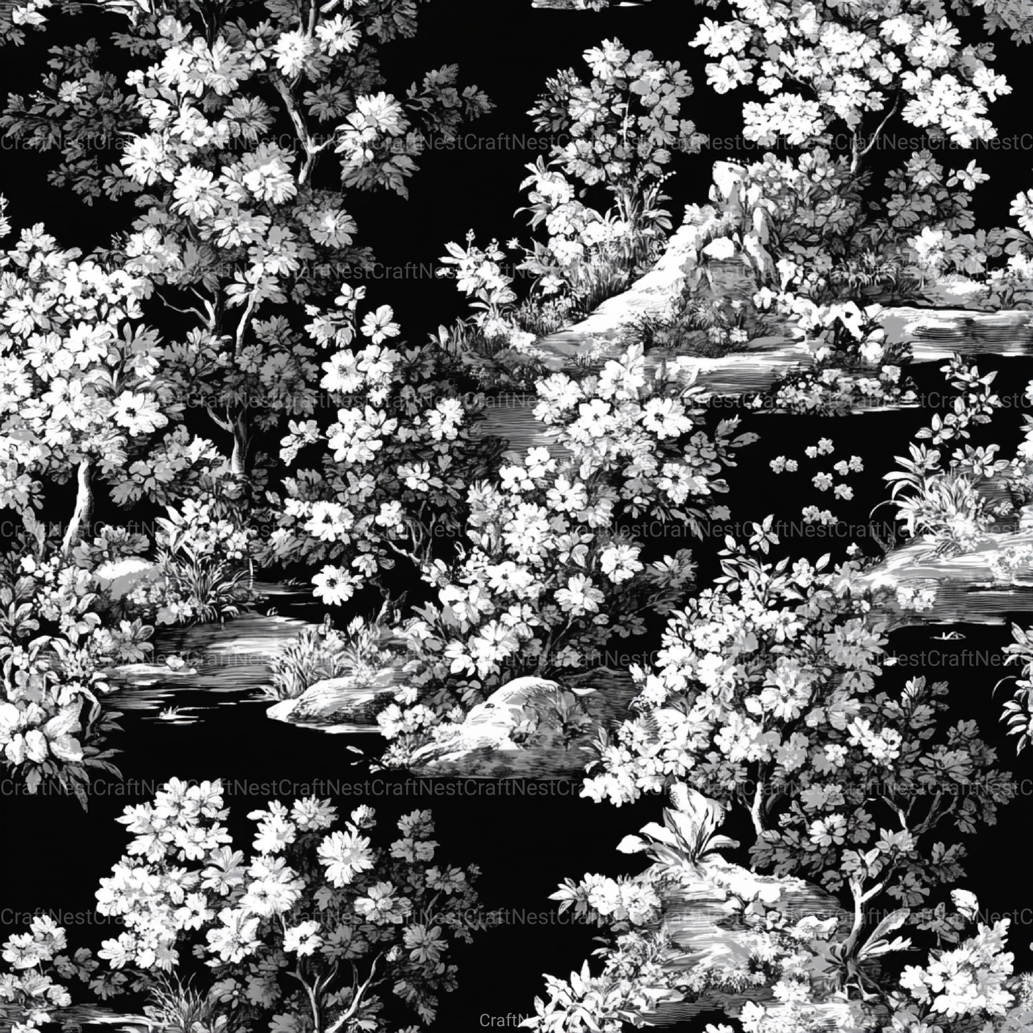 Black White Spring Toile De Jouy Pattern Clipart Bundle - CraftNest - Digital Crafting and Art