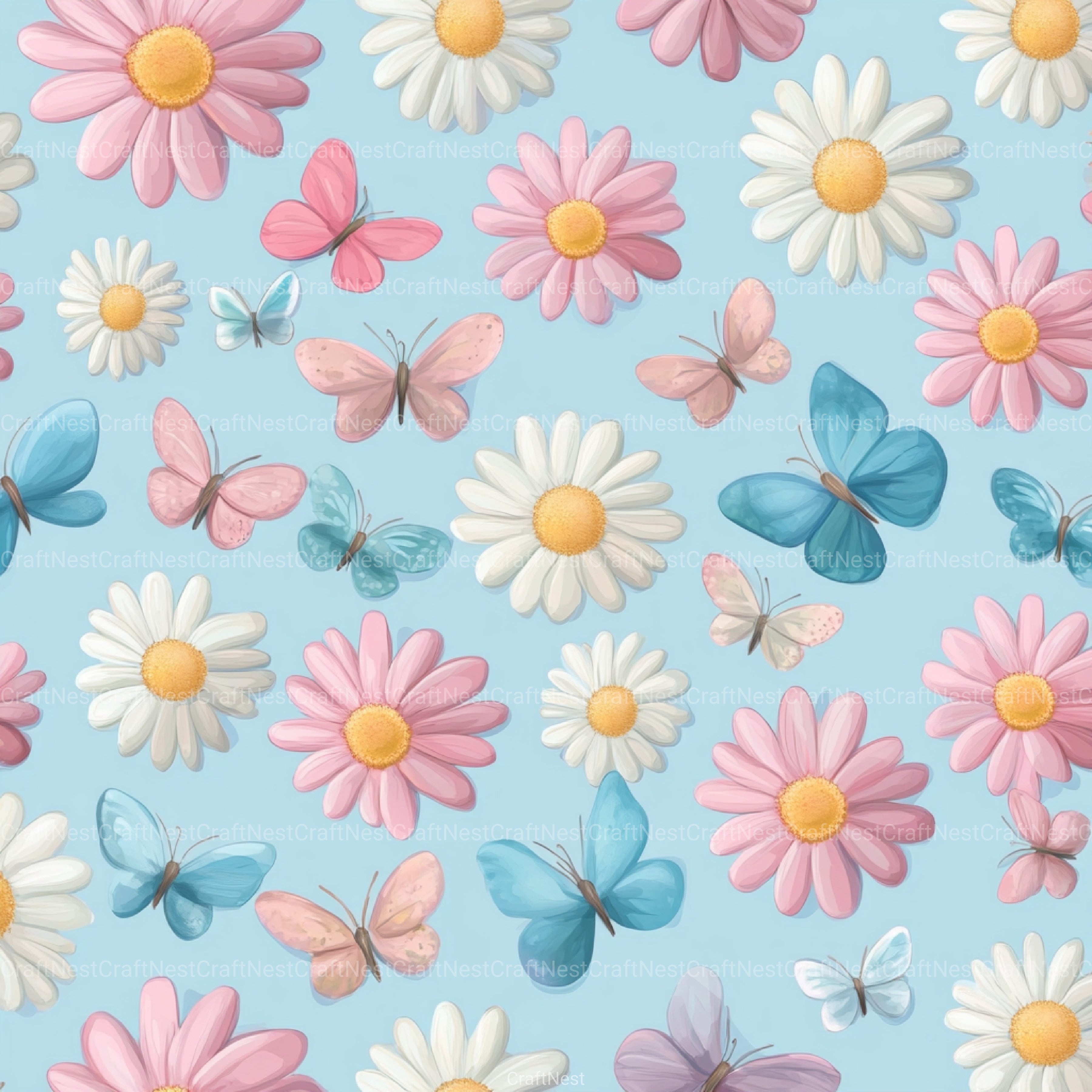 Pastel Daisy Flowers & Butterflies Pattern Clipart Bundle - CraftNest - Digital Crafting and Art
