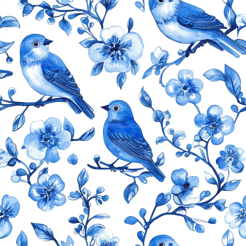 Blue Birds & Flowers Chinoiserie Pattern Clipart Bundle - CraftNest - Digital Crafting and Art
