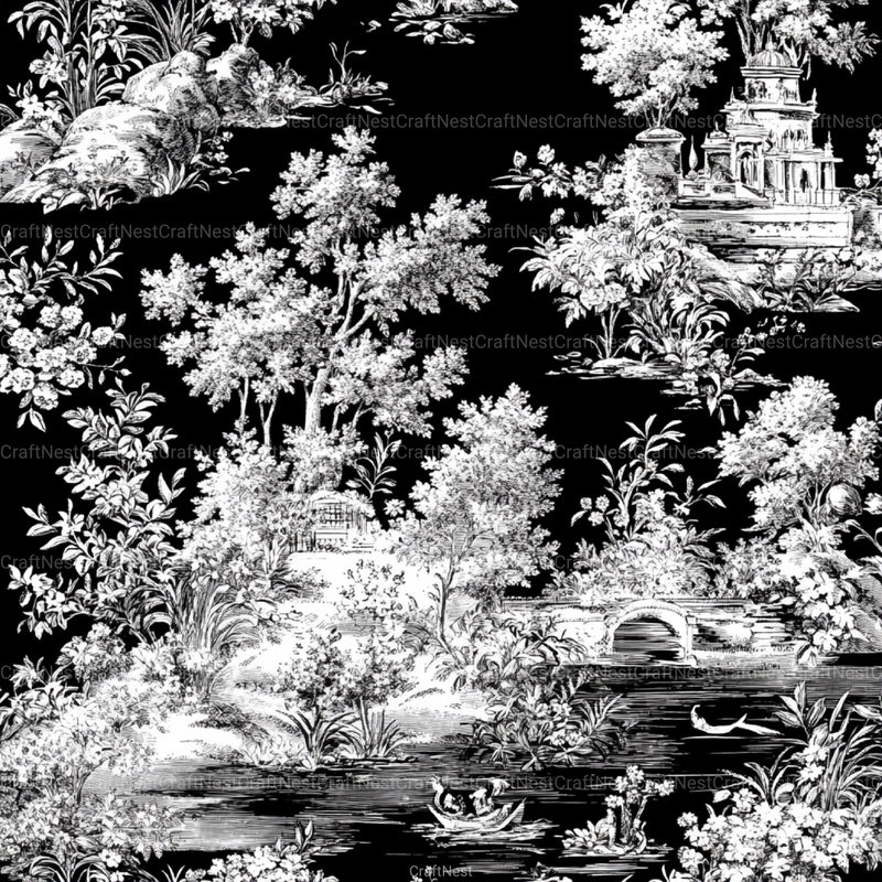 Black White Spring Toile De Jouy Pattern Clipart Bundle - CraftNest - Digital Crafting and Art