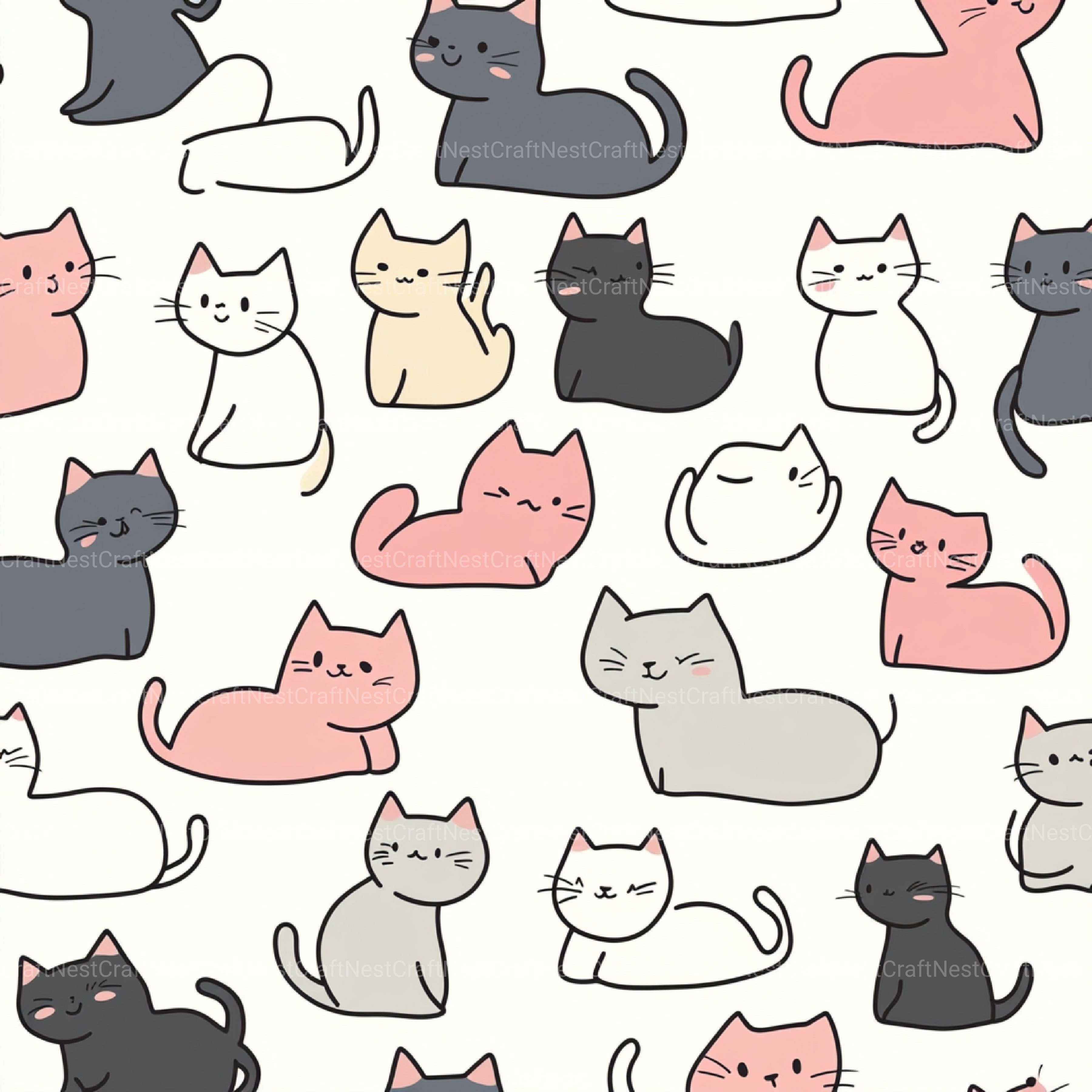 Seamless Kawaii Cute Cats Pattern Digital Paper - CraftNest - Digital Crafting and Art