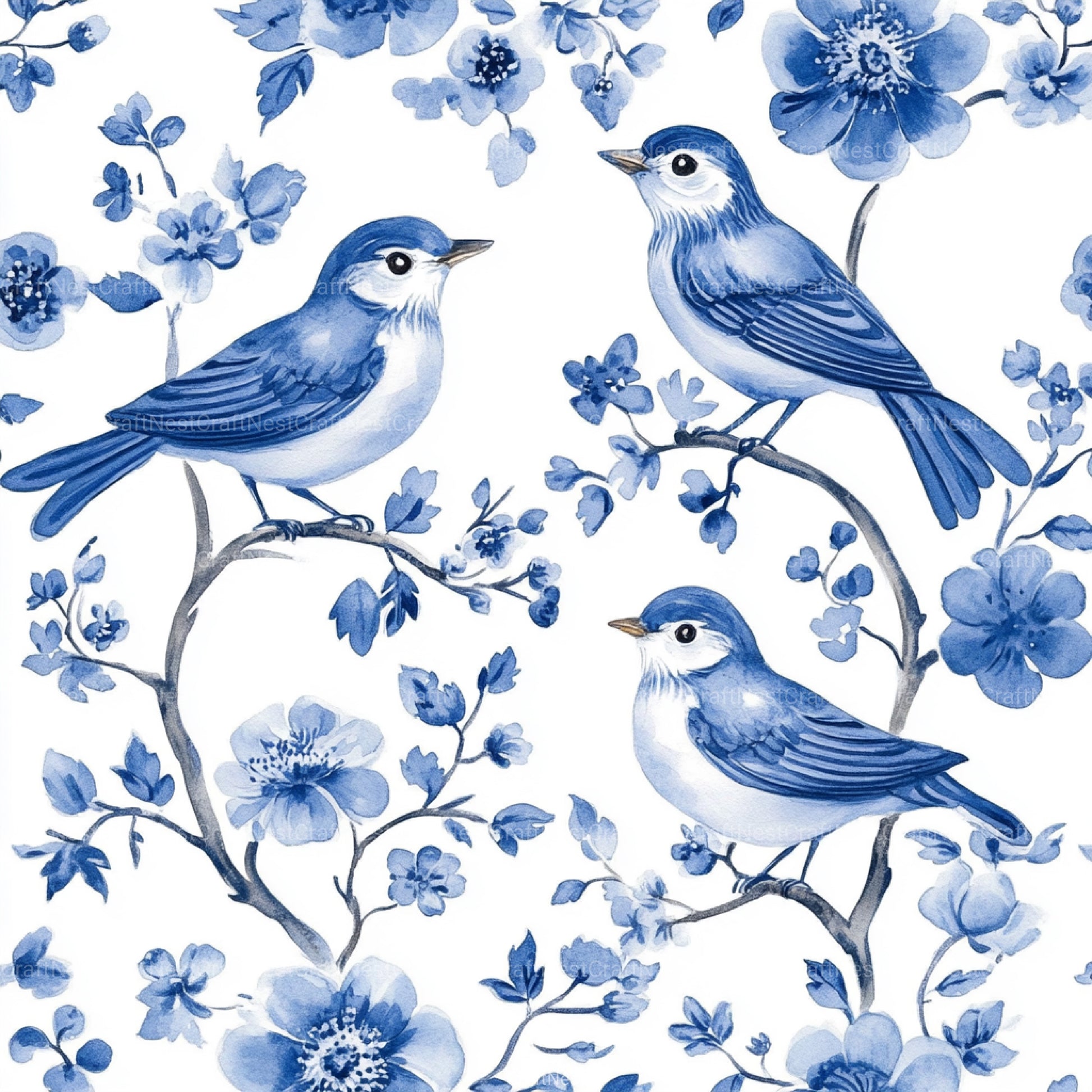Blue Birds & Flowers Chinoiserie Pattern Clipart Bundle - CraftNest - Digital Crafting and Art