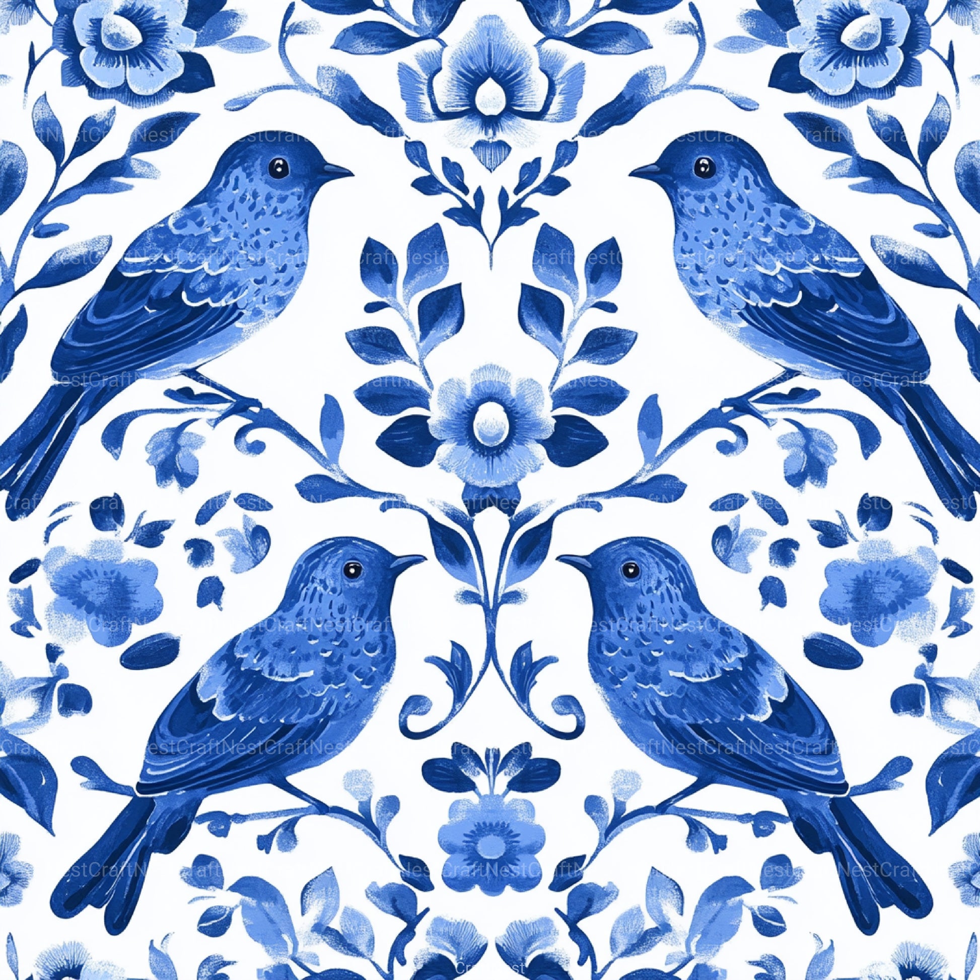 Blue Birds & Flowers Chinoiserie Pattern Clipart Bundle - CraftNest - Digital Crafting and Art