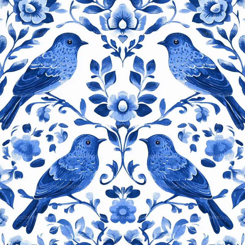 Blue Birds & Flowers Chinoiserie Pattern Clipart Bundle - CraftNest - Digital Crafting and Art