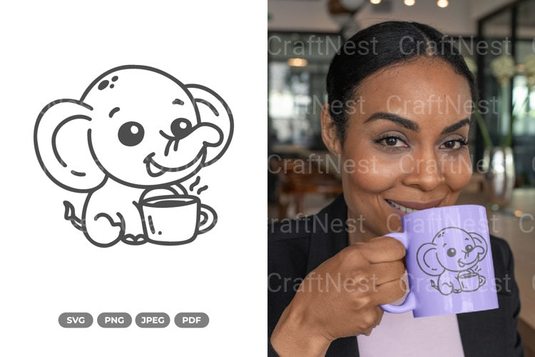 Kawaii Elephant Drinking Coffee Cute SVG Bundle - CraftNest - Digital Crafting and Art