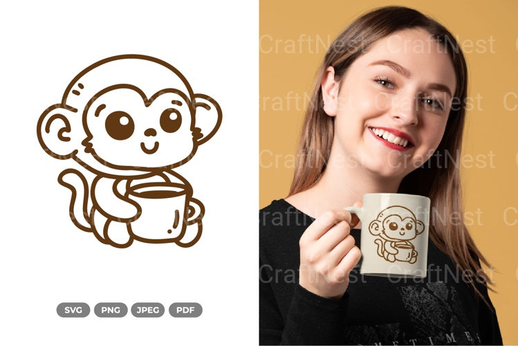Kawaii Monkey Drinking Coffee Clipart Bundle - CraftNest - Digital Crafting and Art