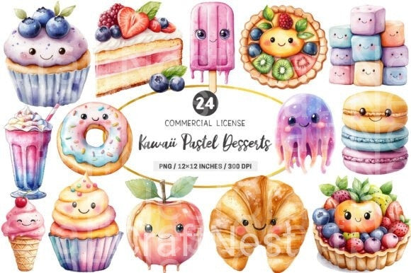 Kawaii Pastel Desserts Clipart Bundle - CraftNest - Digital Crafting and Art