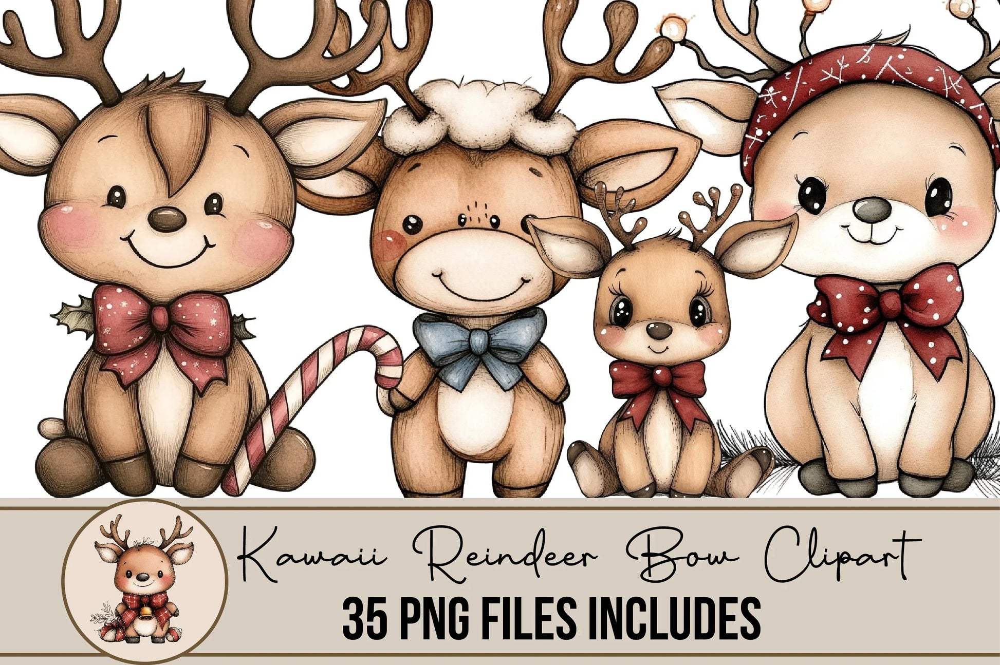 Kawaii Reindeer Bow Clipart Bundle - CraftNest - Digital Crafting and Art