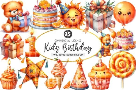 Kids Orange Birthday Clipart Bundle - CraftNest - Digital Crafting and Art