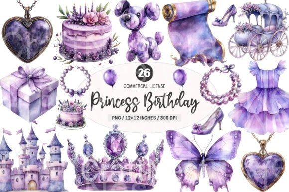 Lavender Princess Birthday Clipart Bundle - CraftNest - Digital Crafting and Art