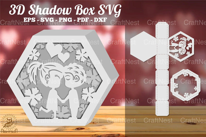 Loving Couple Hexagon Shadow Box Papercut Design - CraftNest - Digital Crafting and Art