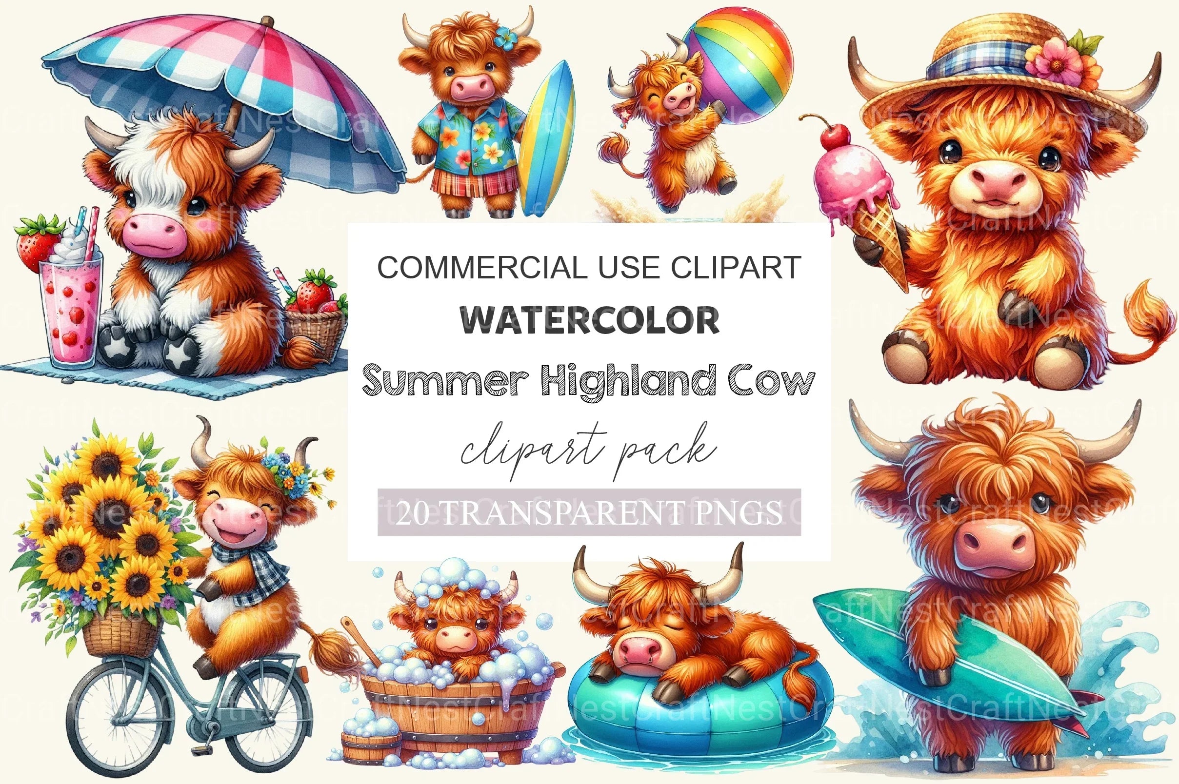 Summer Highland Cow Clipart Bundle 2 - CraftNest - Digital Crafting and Art