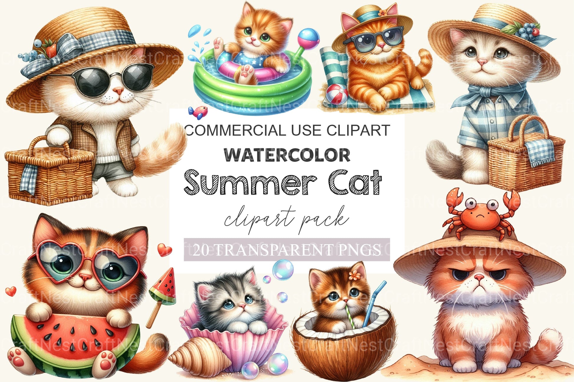 Summer Cat Clipart Bundle - CraftNest - Digital Crafting and Art