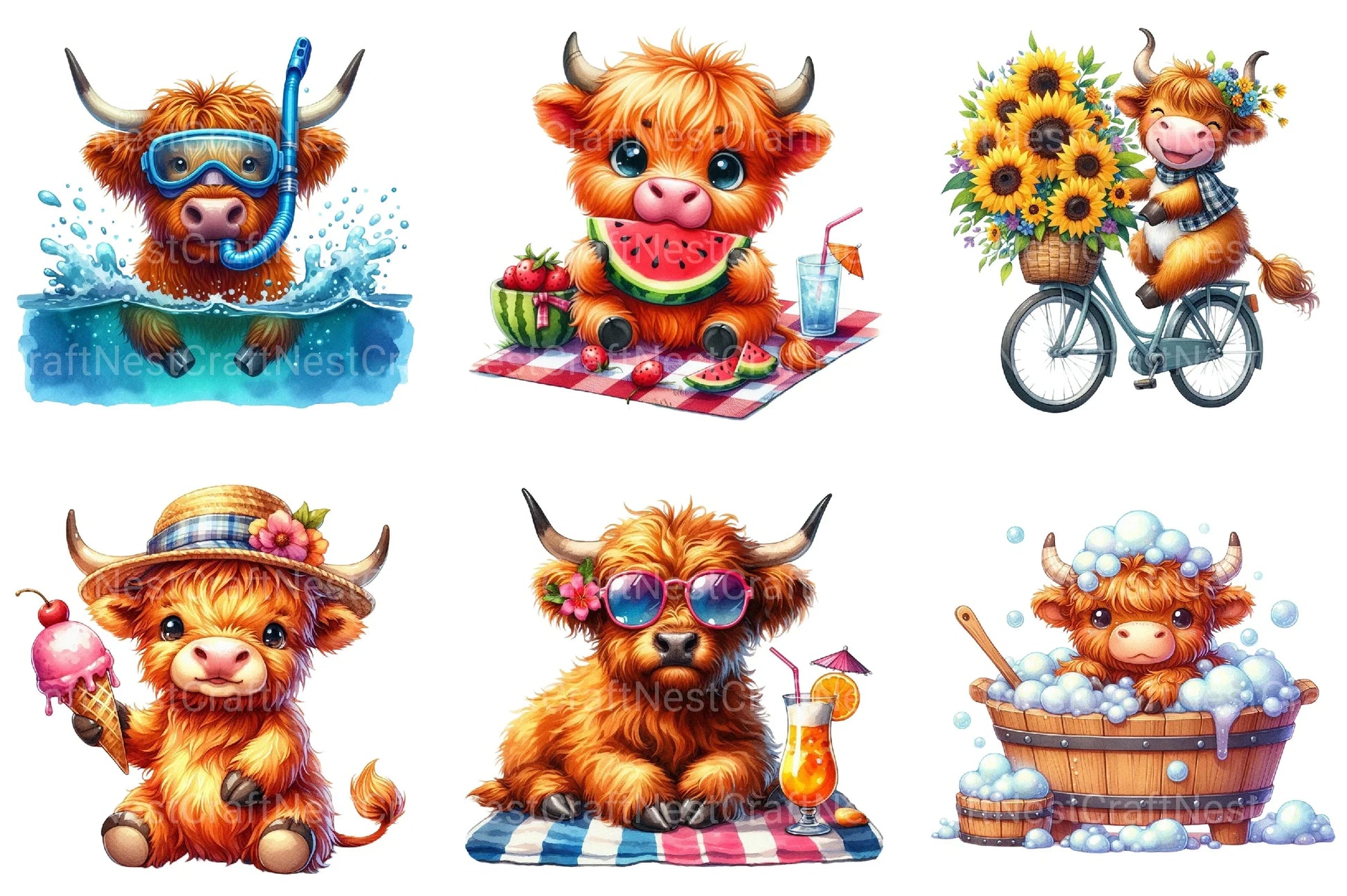 Summer Highland Cow Clipart Bundle 2 - CraftNest - Digital Crafting and Art
