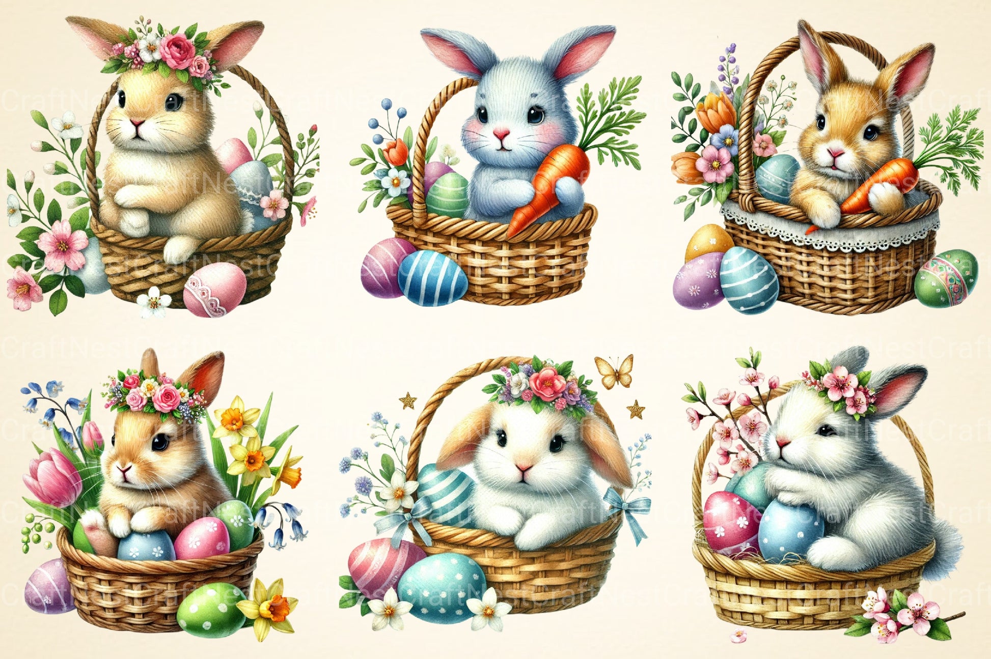 Easter Bunny In A Basket Clipart Bundle - CraftNest - Digital Crafting and Art