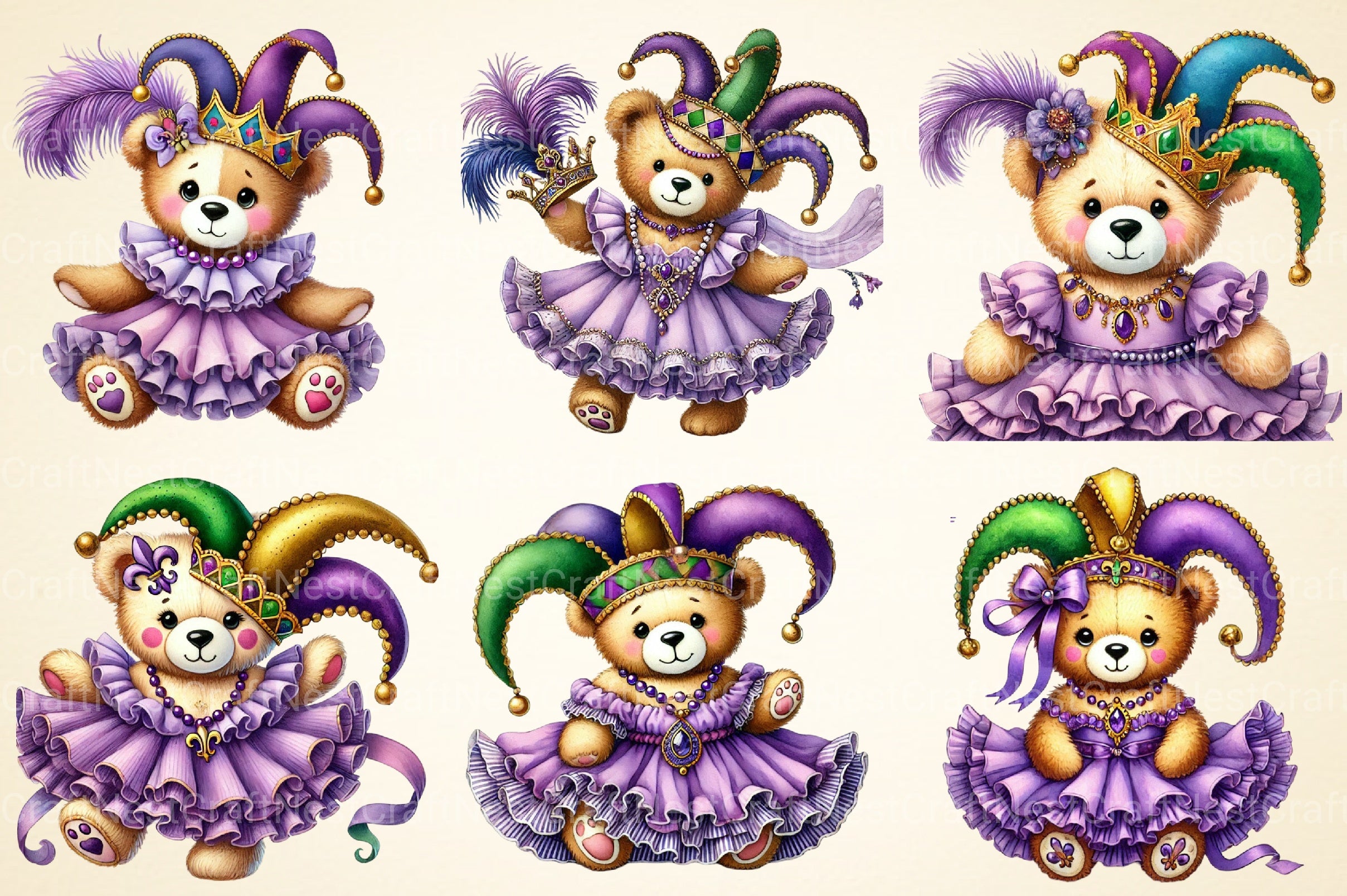 Mardi Gras Teddy Bear Clipart Bundle 1 - CraftNest - Digital Crafting and Art