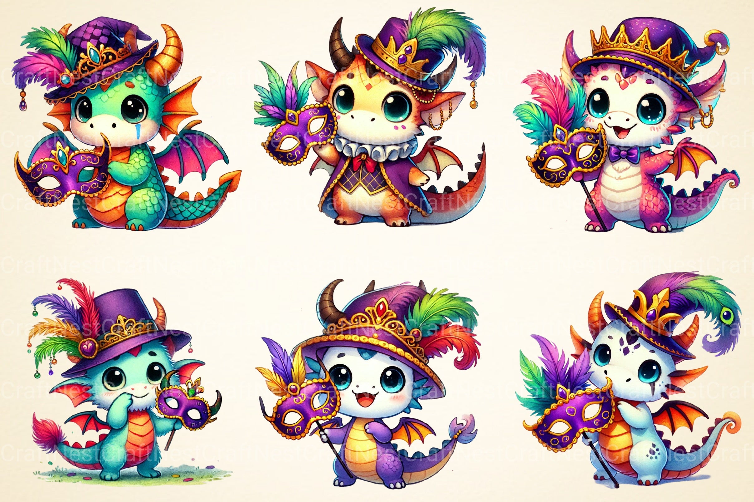 Mardi Gras Cartoon Dragon Clipart Bundle - CraftNest - Digital Crafting and Art