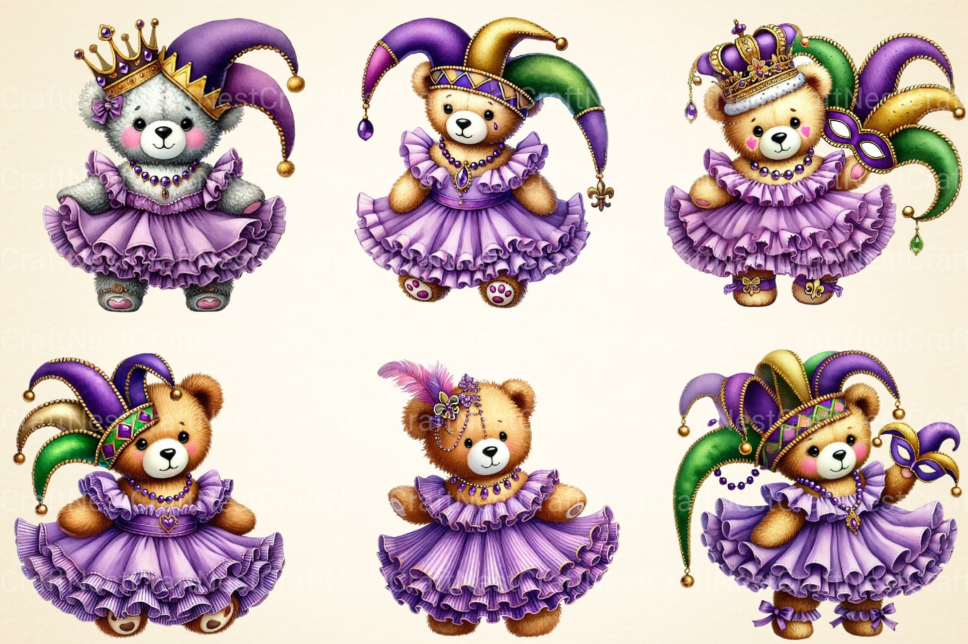 Mardi Gras Teddy Bear Clipart Bundle 1 - CraftNest - Digital Crafting and Art