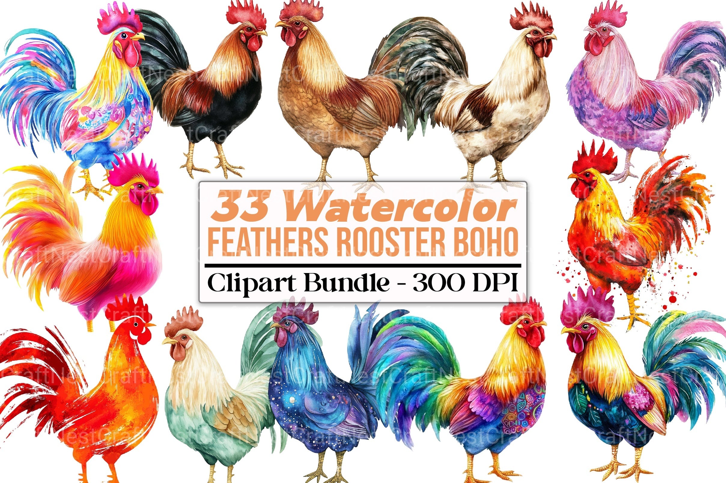 Boho Rooster Clipart Bundle: Colorful Feathers Collection - CraftNest - Digital Crafting and Art