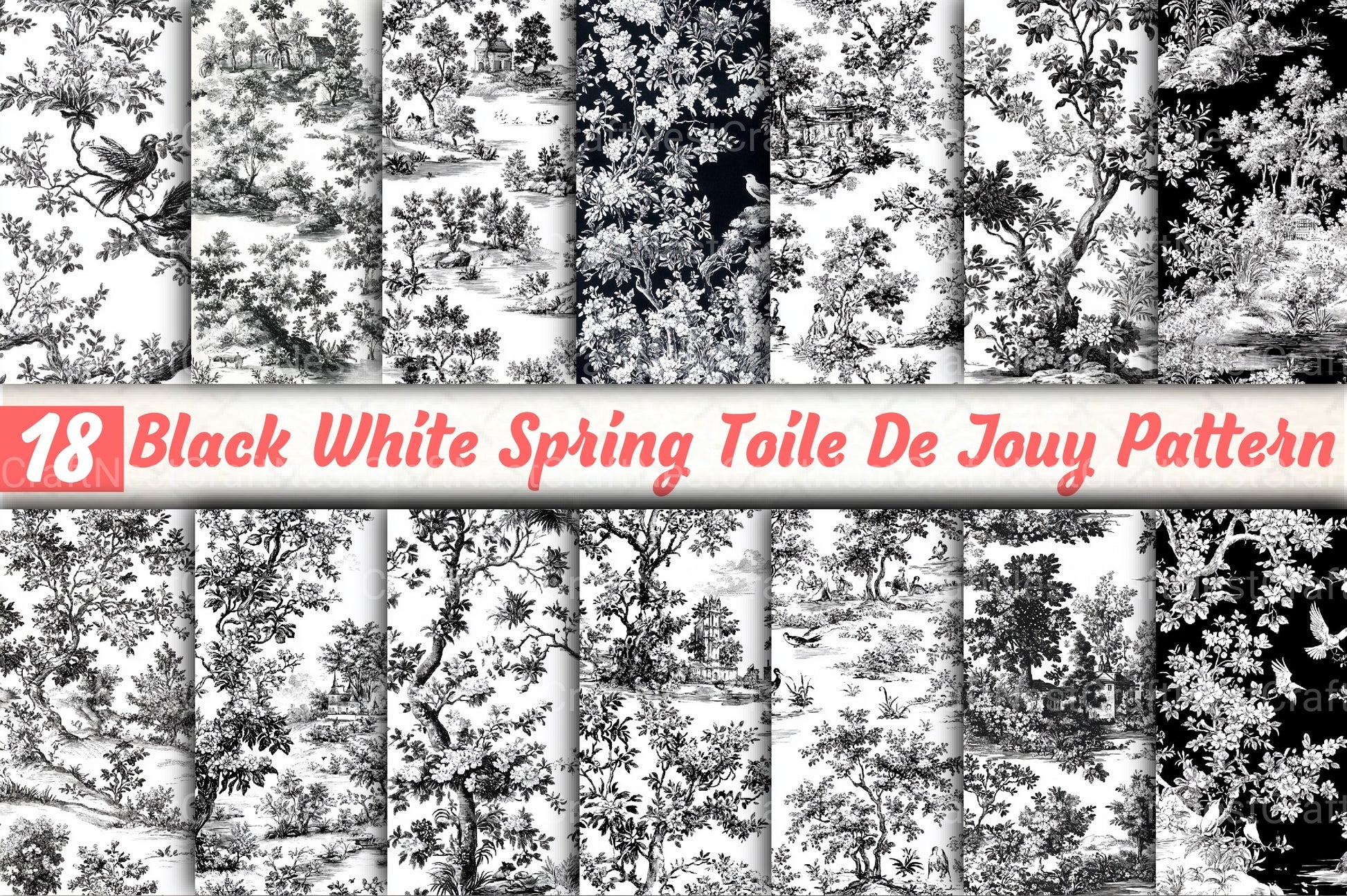 Black White Spring Toile De Jouy Pattern Clipart Bundle - CraftNest - Digital Crafting and Art