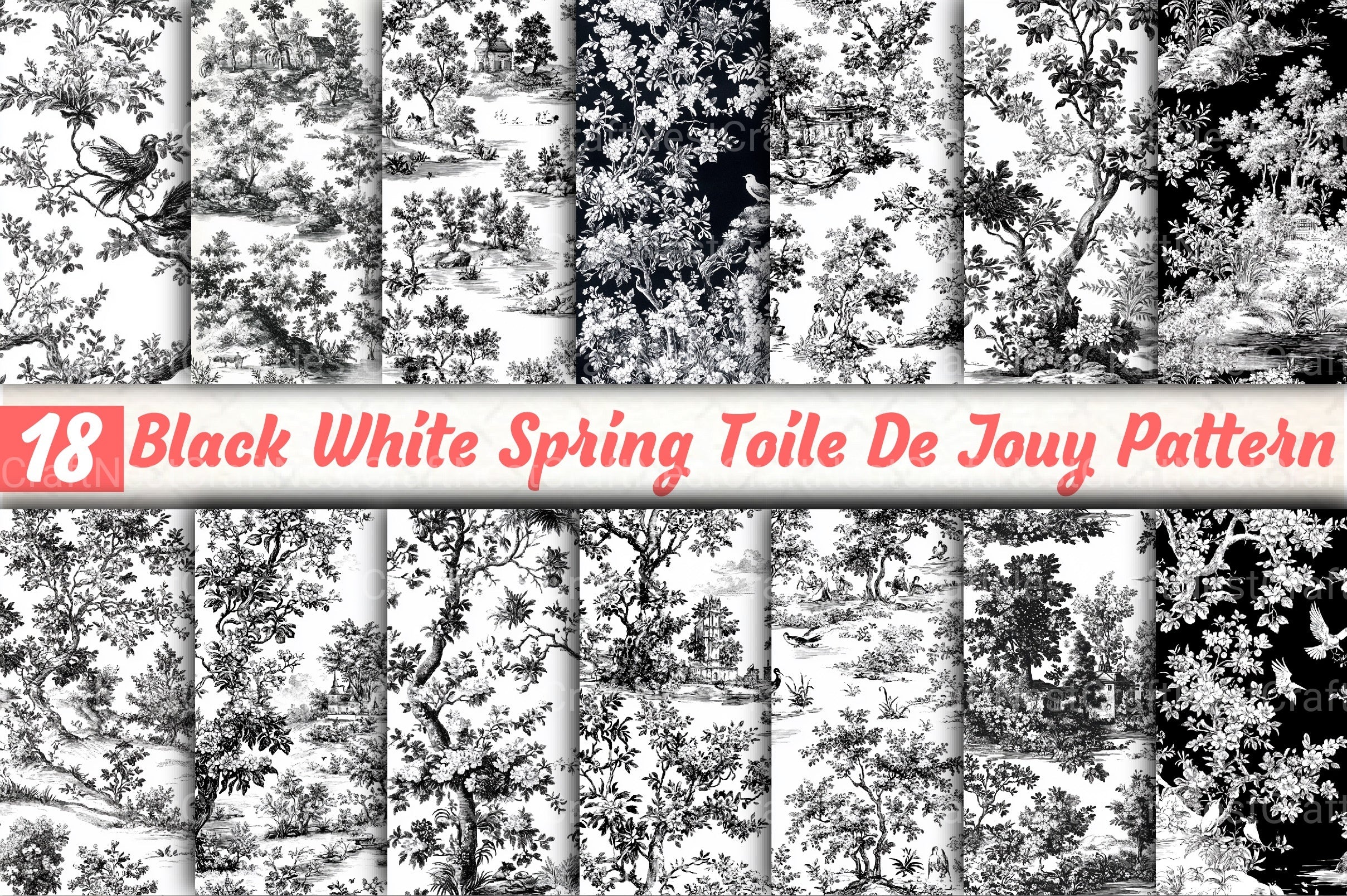 Black White Spring Toile De Jouy Pattern Clipart Bundle - CraftNest - Digital Crafting and Art