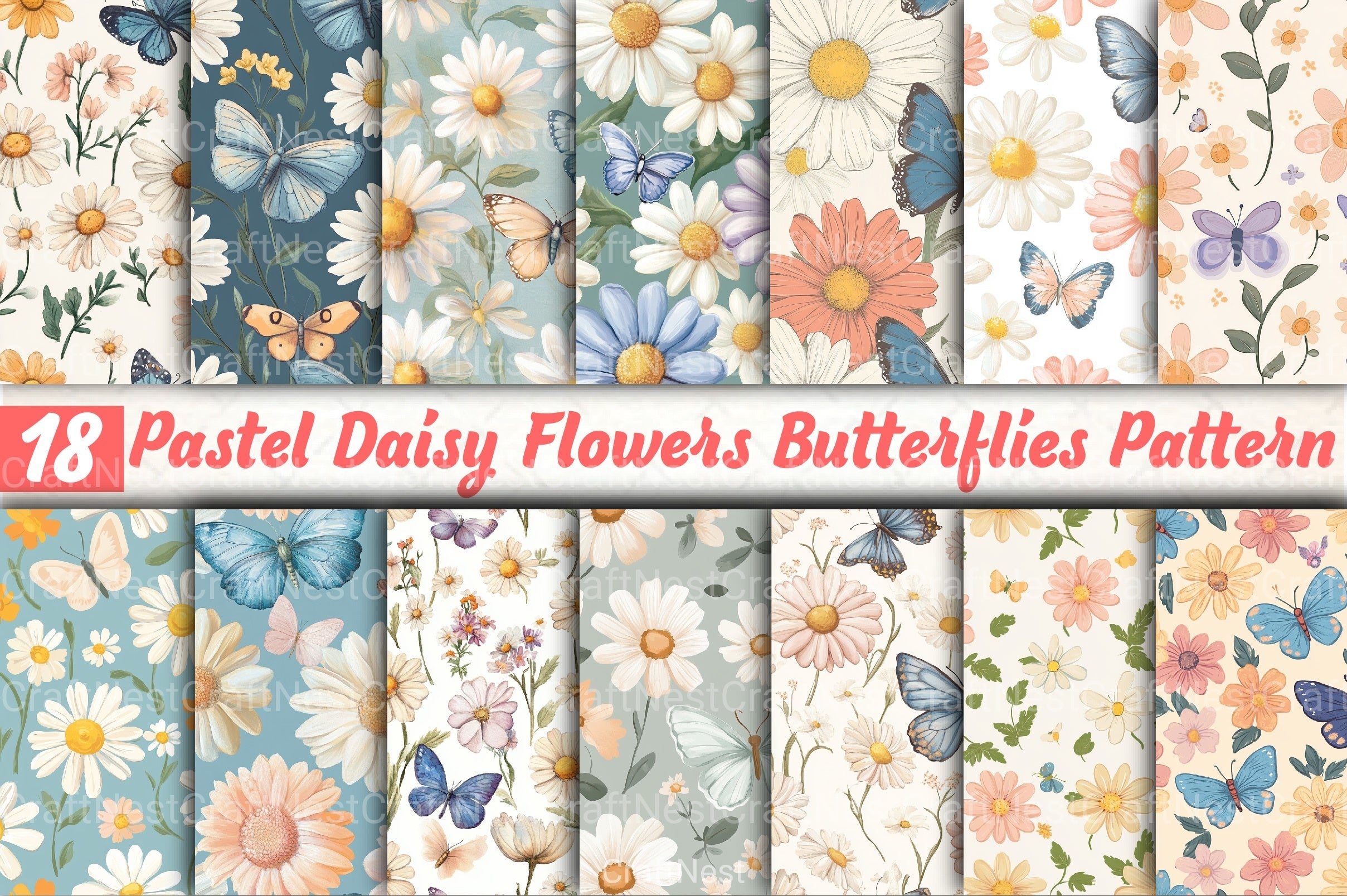 Pastel Daisy Flowers & Butterflies Pattern Clipart Bundle - CraftNest - Digital Crafting and Art