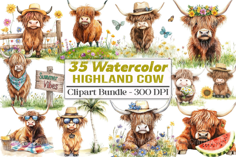 Summer Highland Cow Clipart Bundle 12 - CraftNest - Digital Crafting and Art