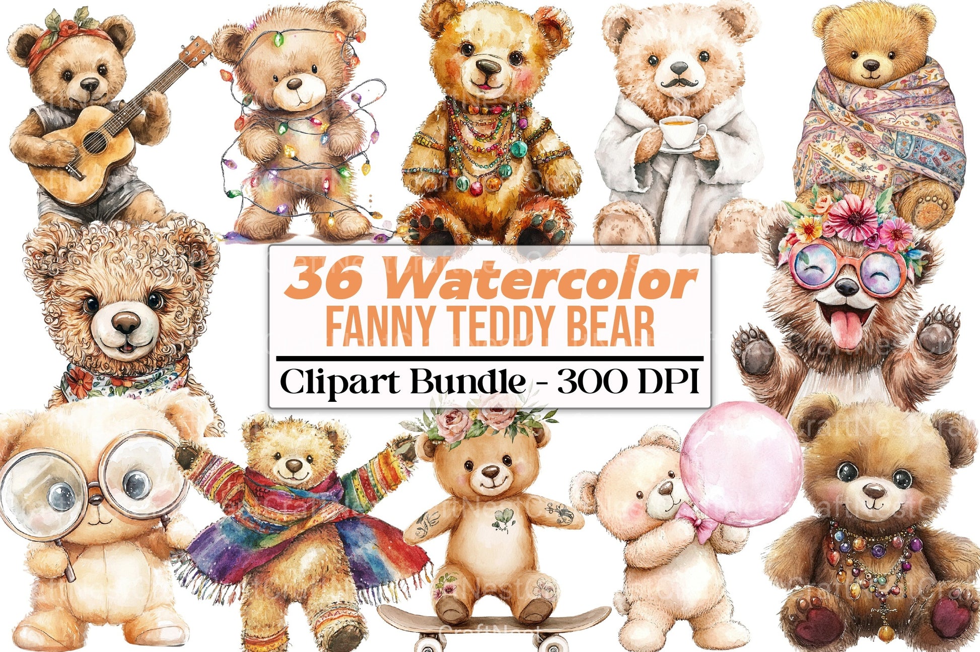 Fanny Teddy Bear Boho Clipart Bundle - CraftNest - Digital Crafting and Art