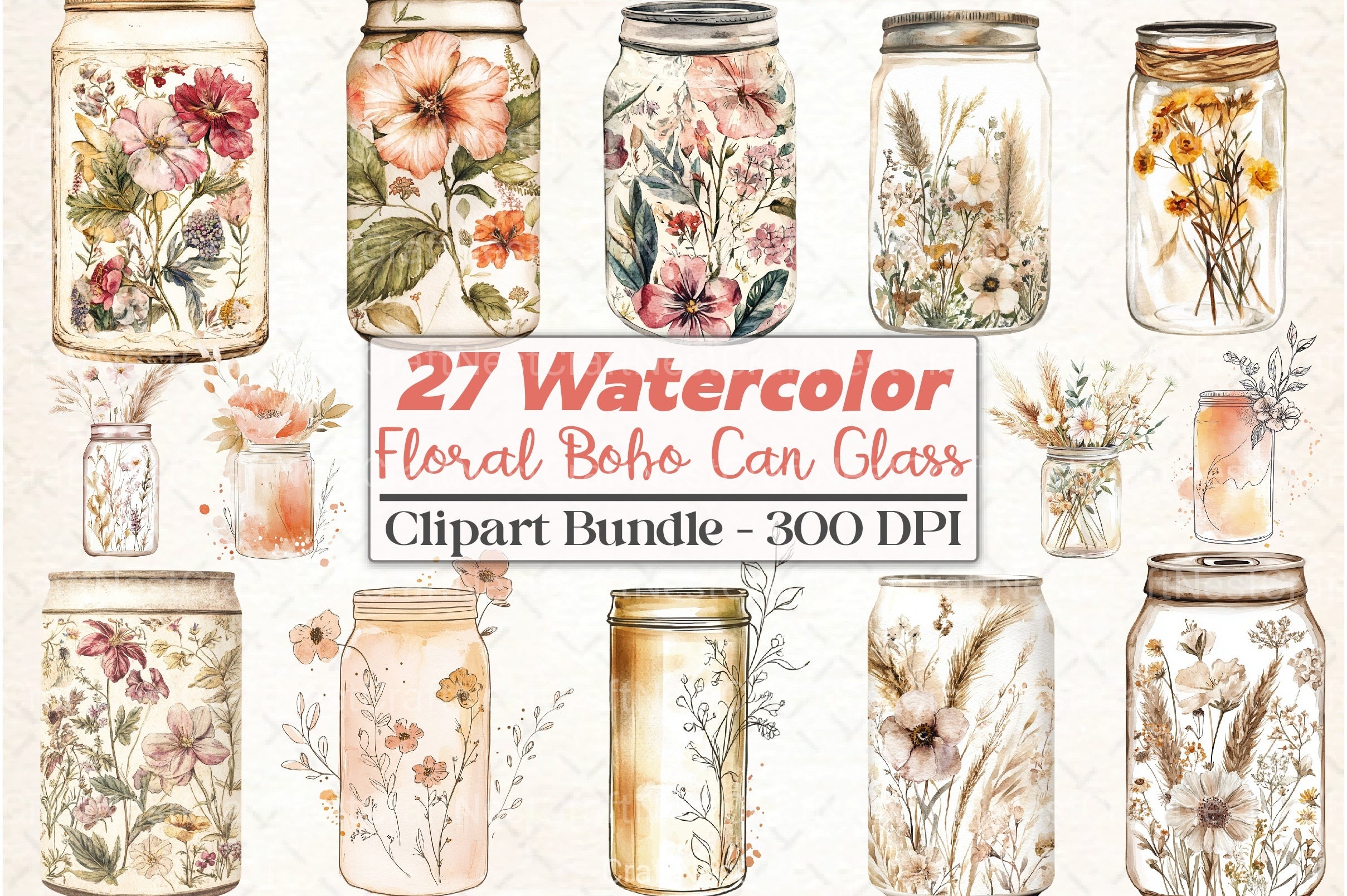 Floral Boho Can Glass Clipart Bundle - CraftNest - Digital Crafting and Art