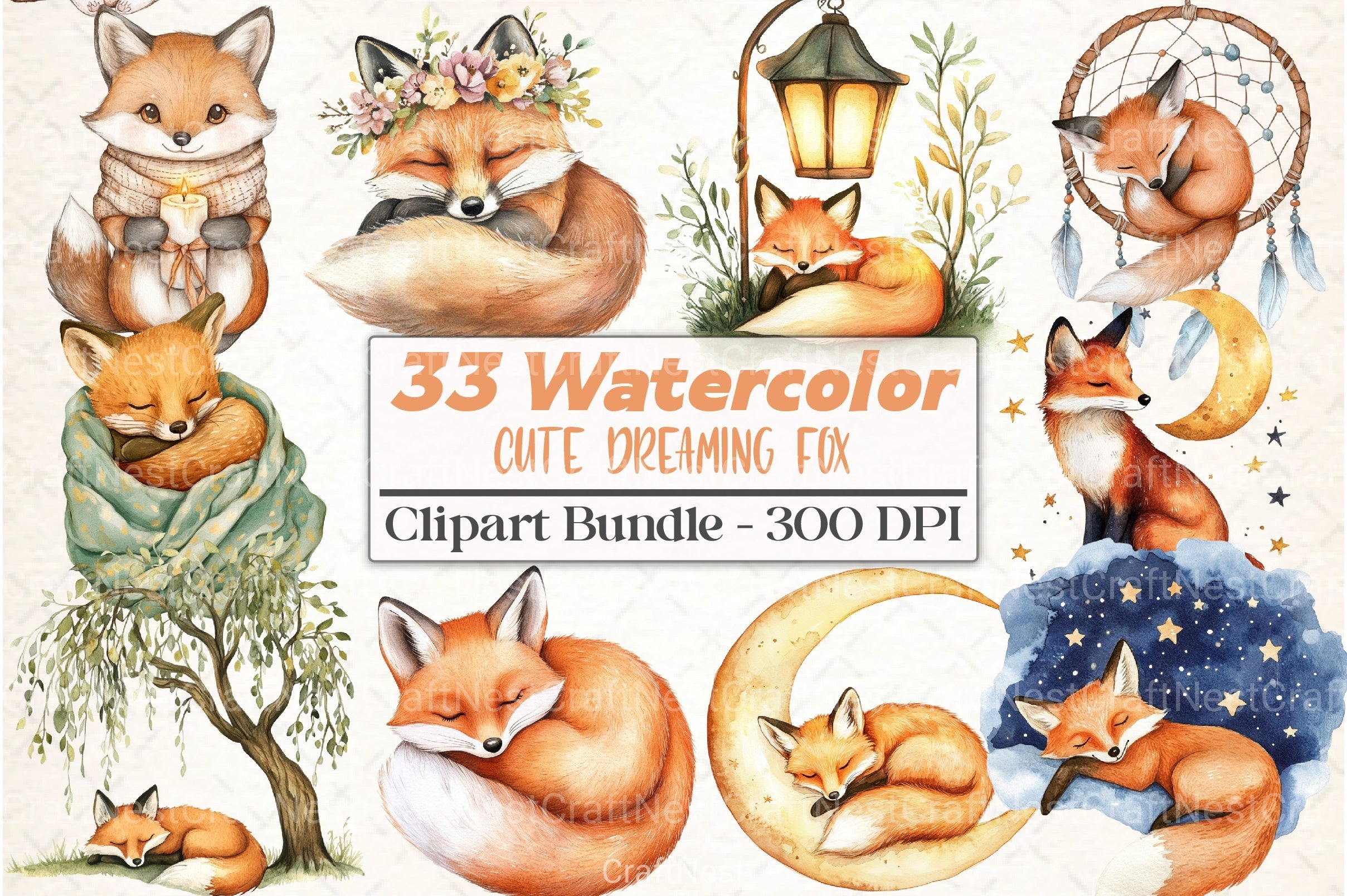 Cute Dreaming Fox Boho Clipart Bundle - CraftNest - Digital Crafting and Art
