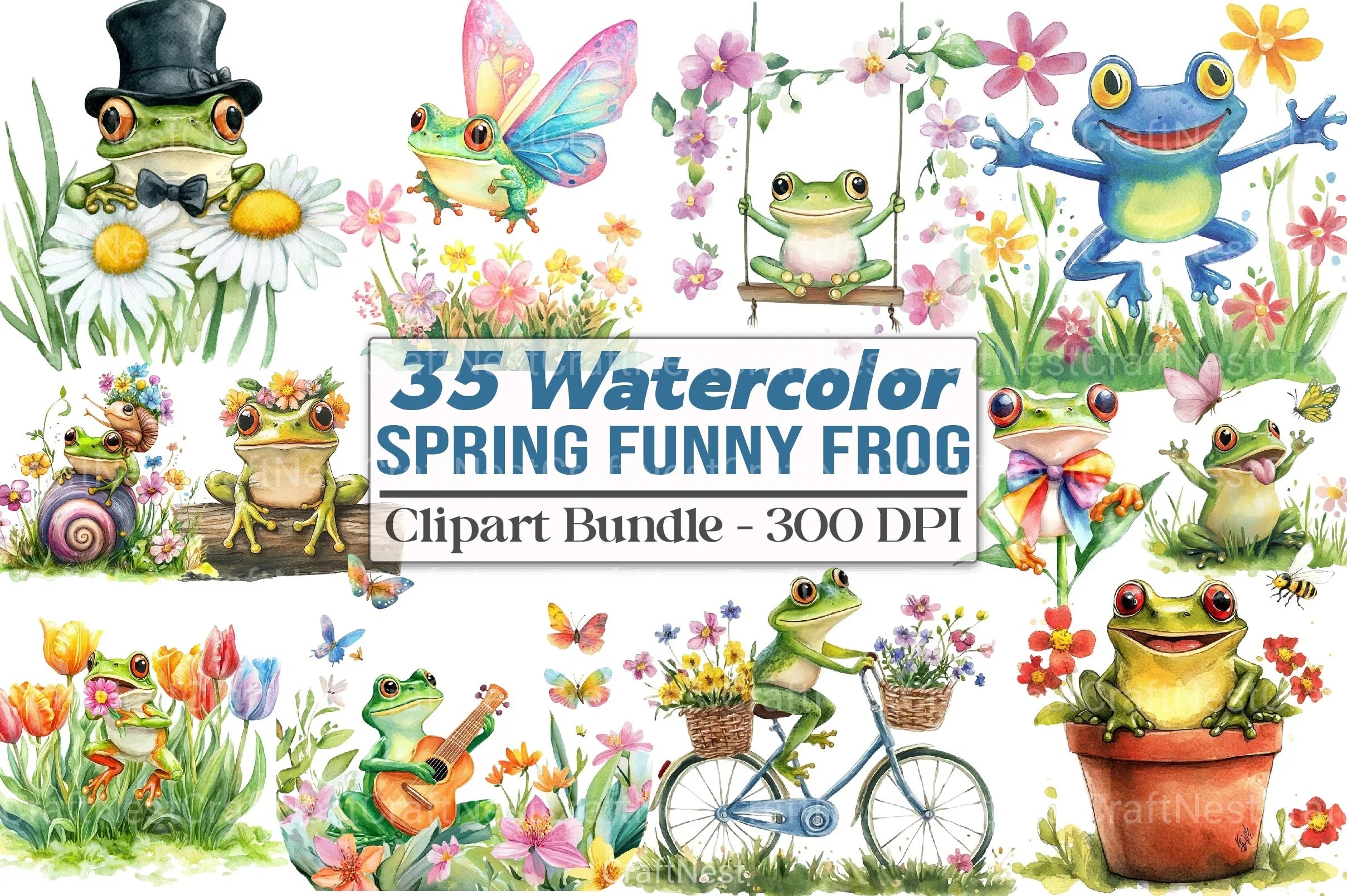 Spring Frog Drawing Spring Funny Frog Clipart Bundle