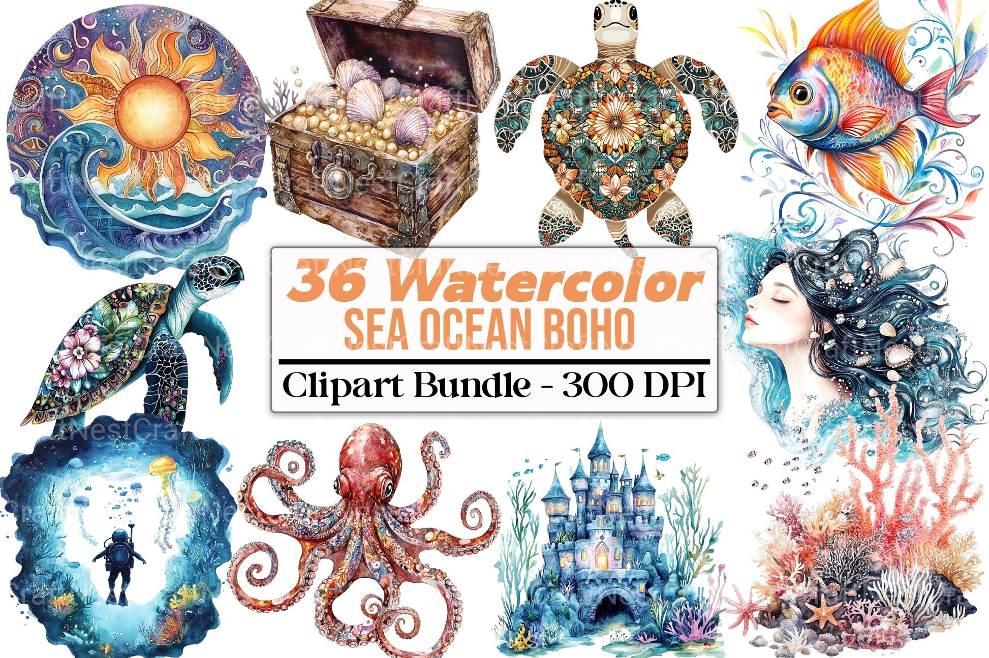 Sea Ocean Boho Clipart Bundle - CraftNest - Digital Crafting and Art
