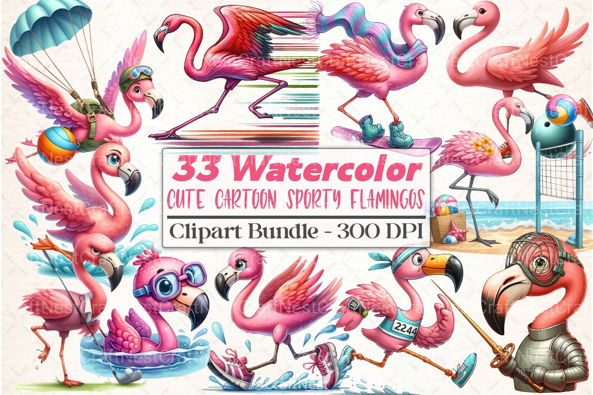 Cute Cartoon Sporty Flamingos Clipart Bundle 2 - CraftNest - Digital Crafting and Art