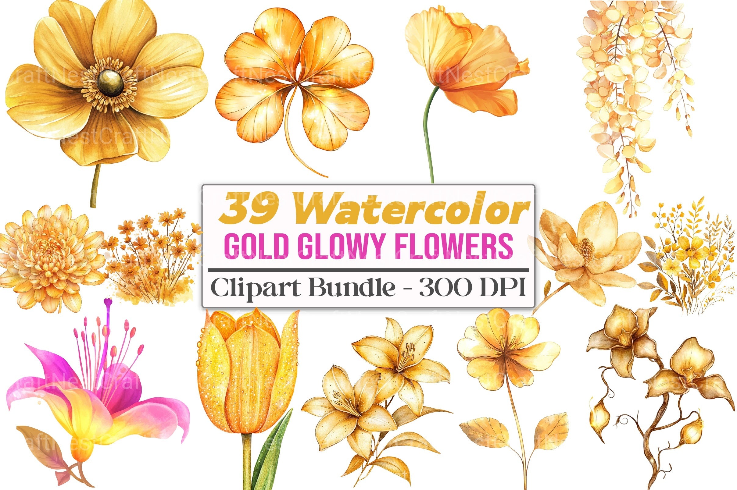 Gold Glowy Flowers Clipart Bundle - CraftNest - Digital Crafting and Art