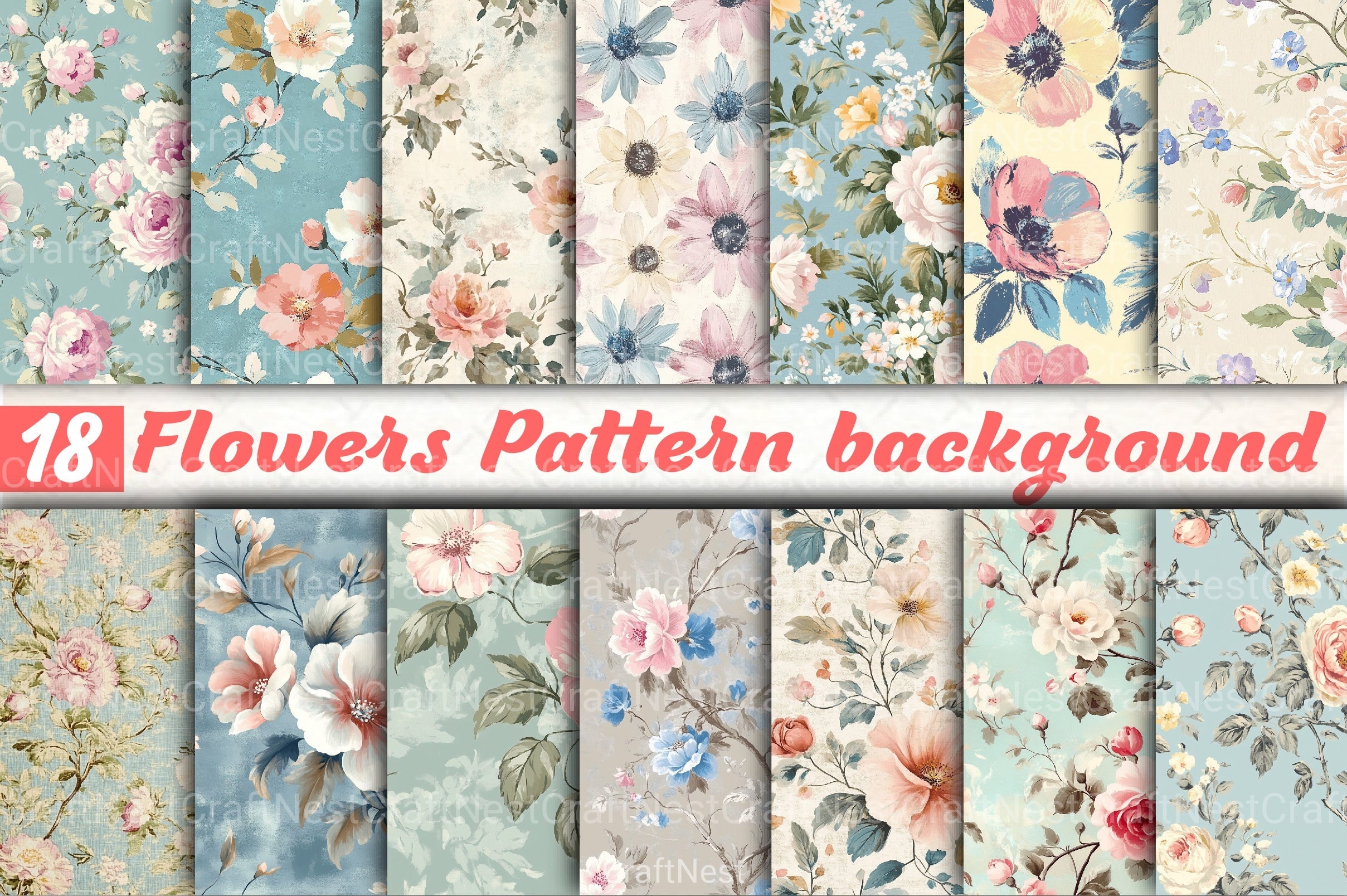 French Shabby Chic Pastel Flower Pattern Clipart Bundle 2 - CraftNest - Digital Crafting and Art